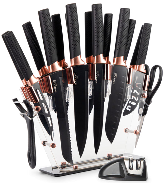 nuovva Professional Kitchen Knife Set with Block - Copper 17 Piece Knives Set with Steak Knives - Clear Acrylic Block High Carbon Stainless Steel