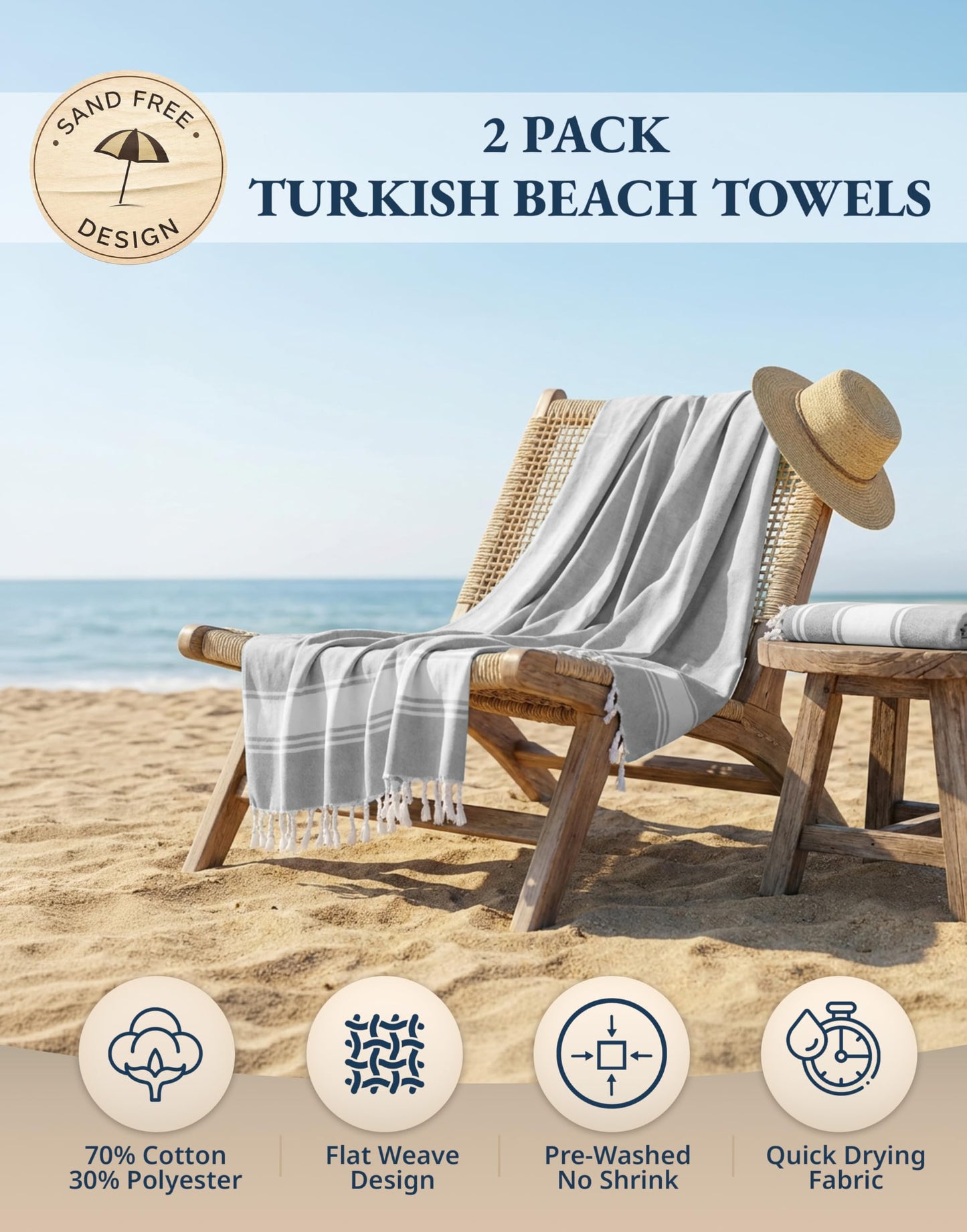 LANE LINEN Extra Large Beach Towel, 2 Pack Beach Towels Oversized, Pre-Washed, No Shrink, Quick Dry Pool Towels, Stylish Light Beach Towel For Women