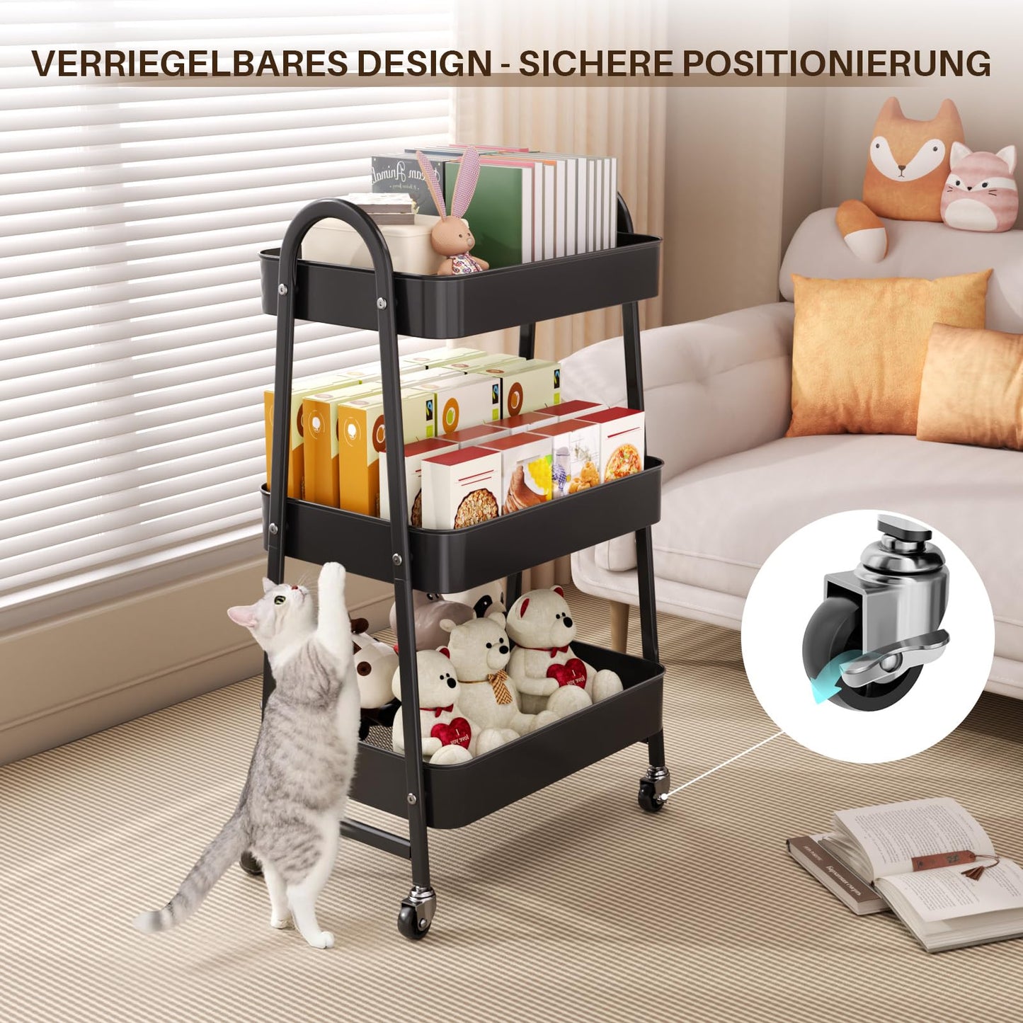 StowBin 3 Tier Metal Rolling Cart Kitchen Storage Cart with Wheels - Black