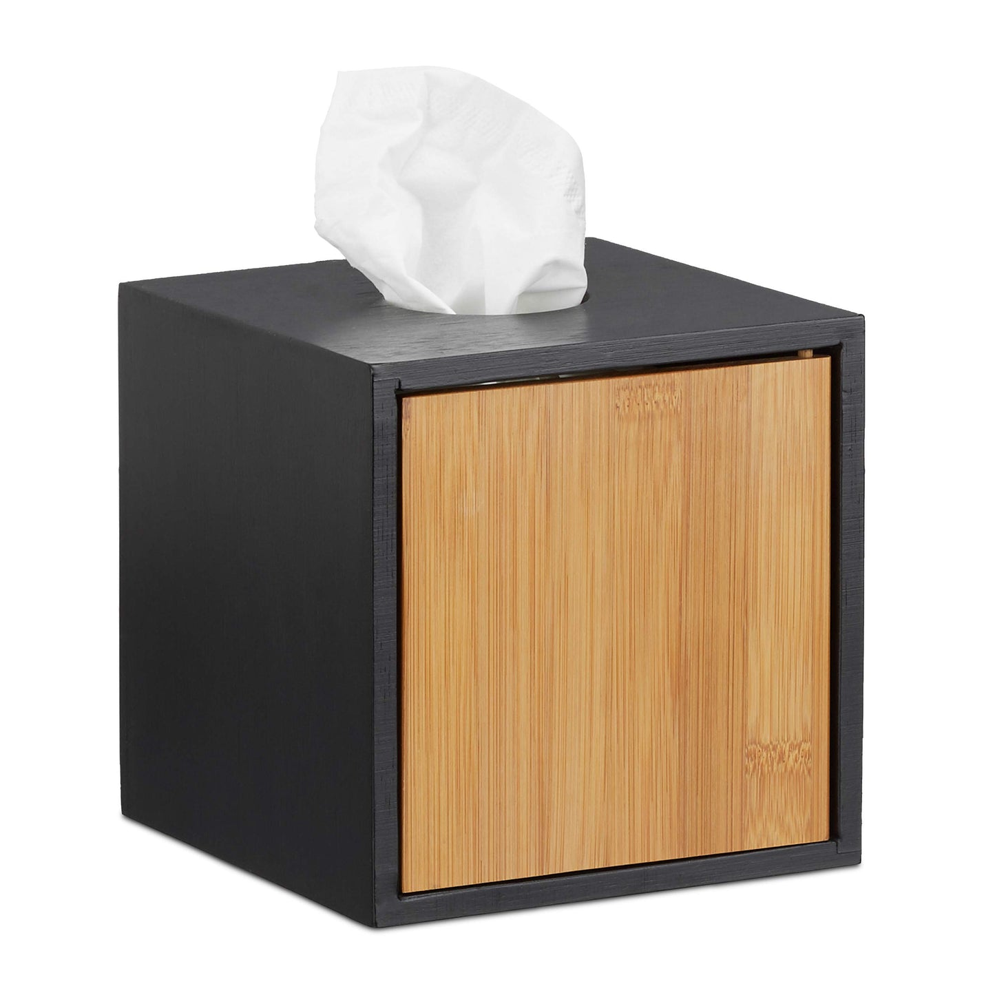 Relaxdays Square Facial Tissue Box, Wooden Bamboo Cosmetic Tissue Dispenser, Cover, HxWxD: 14.5 x 14.5 x 14.5 cm, Black