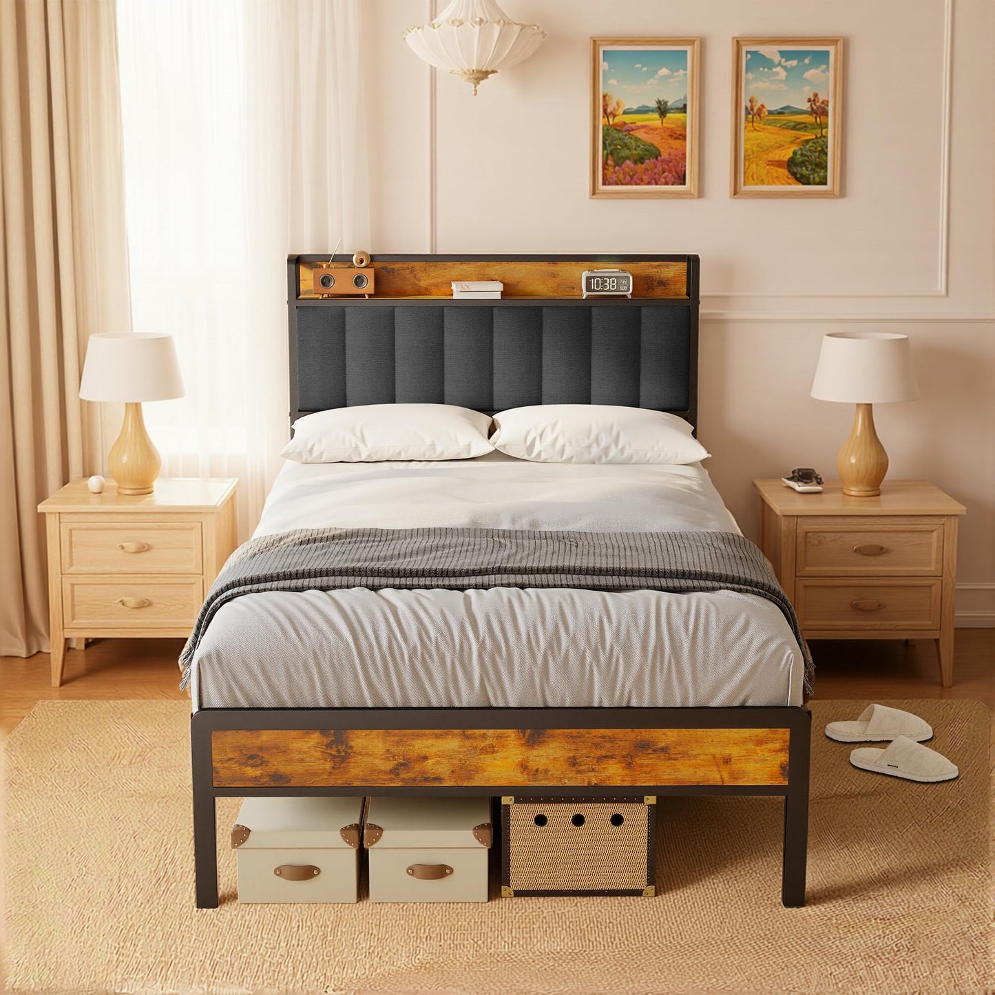Blishom Padded Bed 120 x 200 cm with Container, Metal and Wood Bed, Single Bed with Padded Headboard and Metal Slats, Dark Grey