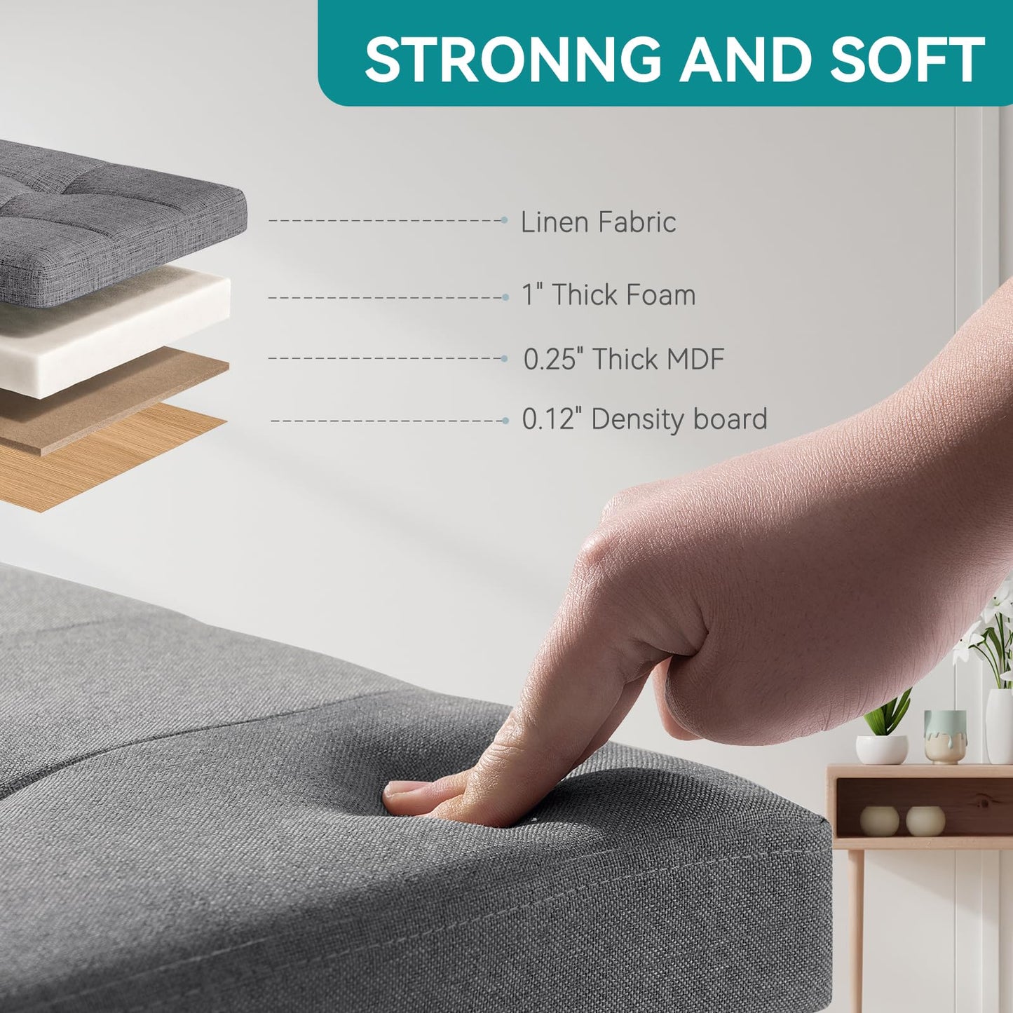 BRIAN & DANY Folding Storage Ottoman with Wood Legs, Linen Foot Stool, Storage Chest with Highly Elastic Sponge Filling, Gray, 38 x 38 x 38 cm