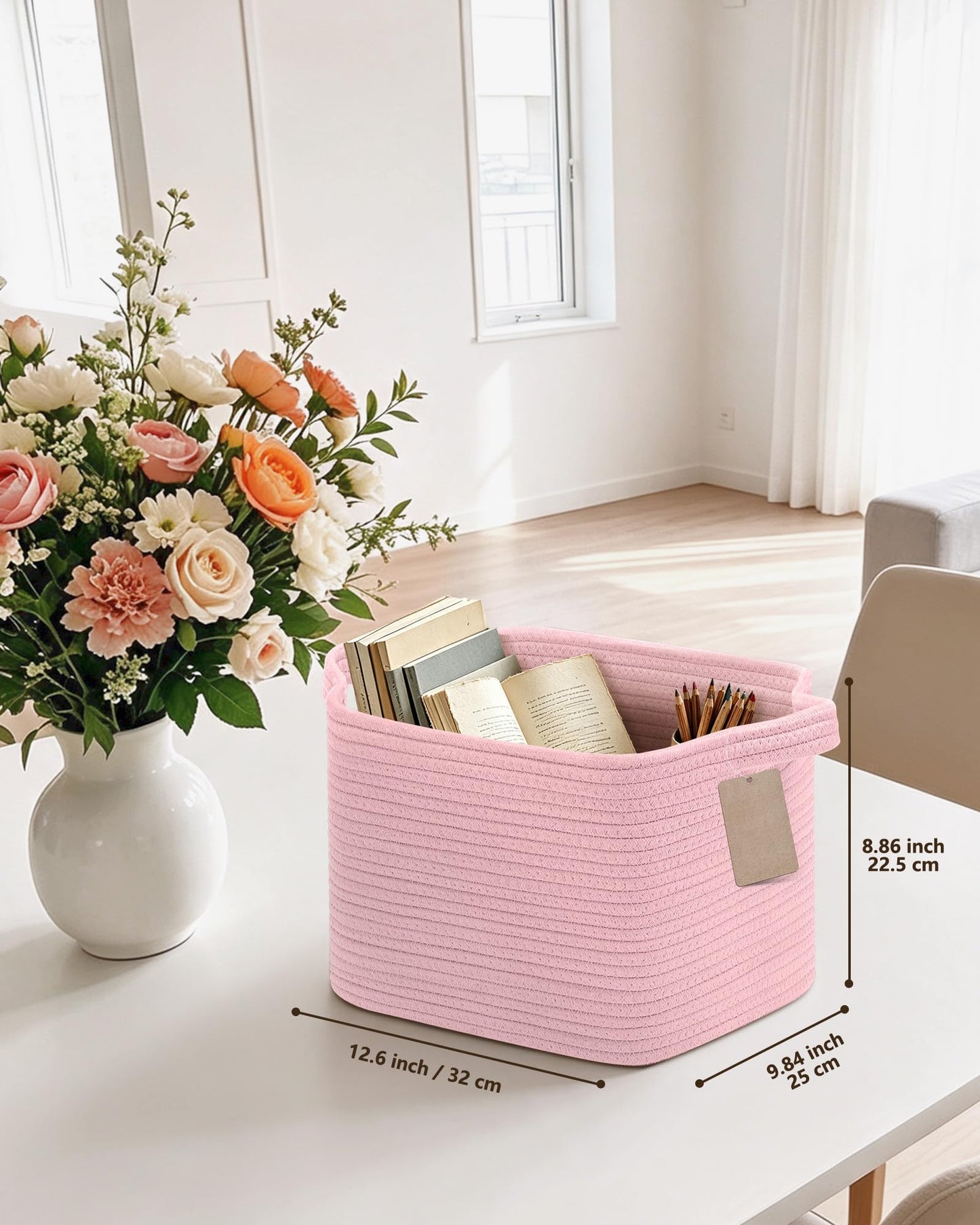 JOJOSEE Small Cotton Woven Storage Basket for Shelves, Pink, 3PCS