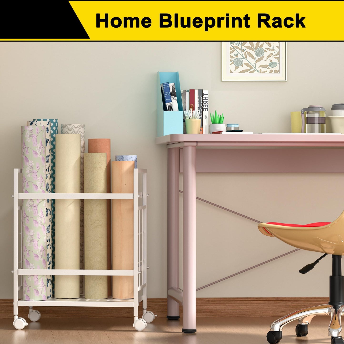 Jowkou Blueprint Storage Rack Cart with Wheels, 12-Slot Blueprint Holder, Construction Plan Map Holder, Blueprint Storage Organiser Table, White