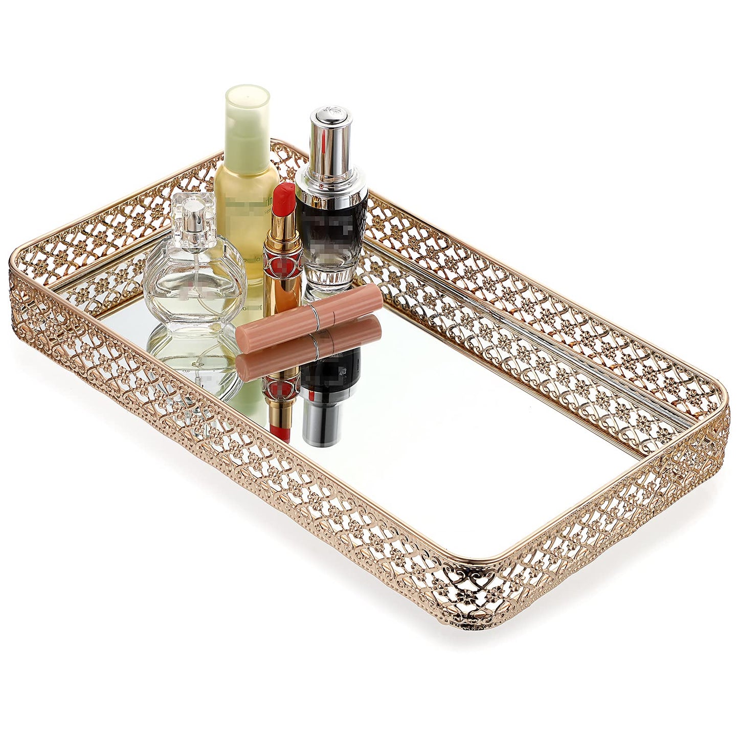 ELLDOO Gold Perfume Tray Mirror Tray Makeup Vanity Tray Hollow-Carved Jewelry Tray Glass Metal Trinket Storage Tray Home Organizer Decorative Tray