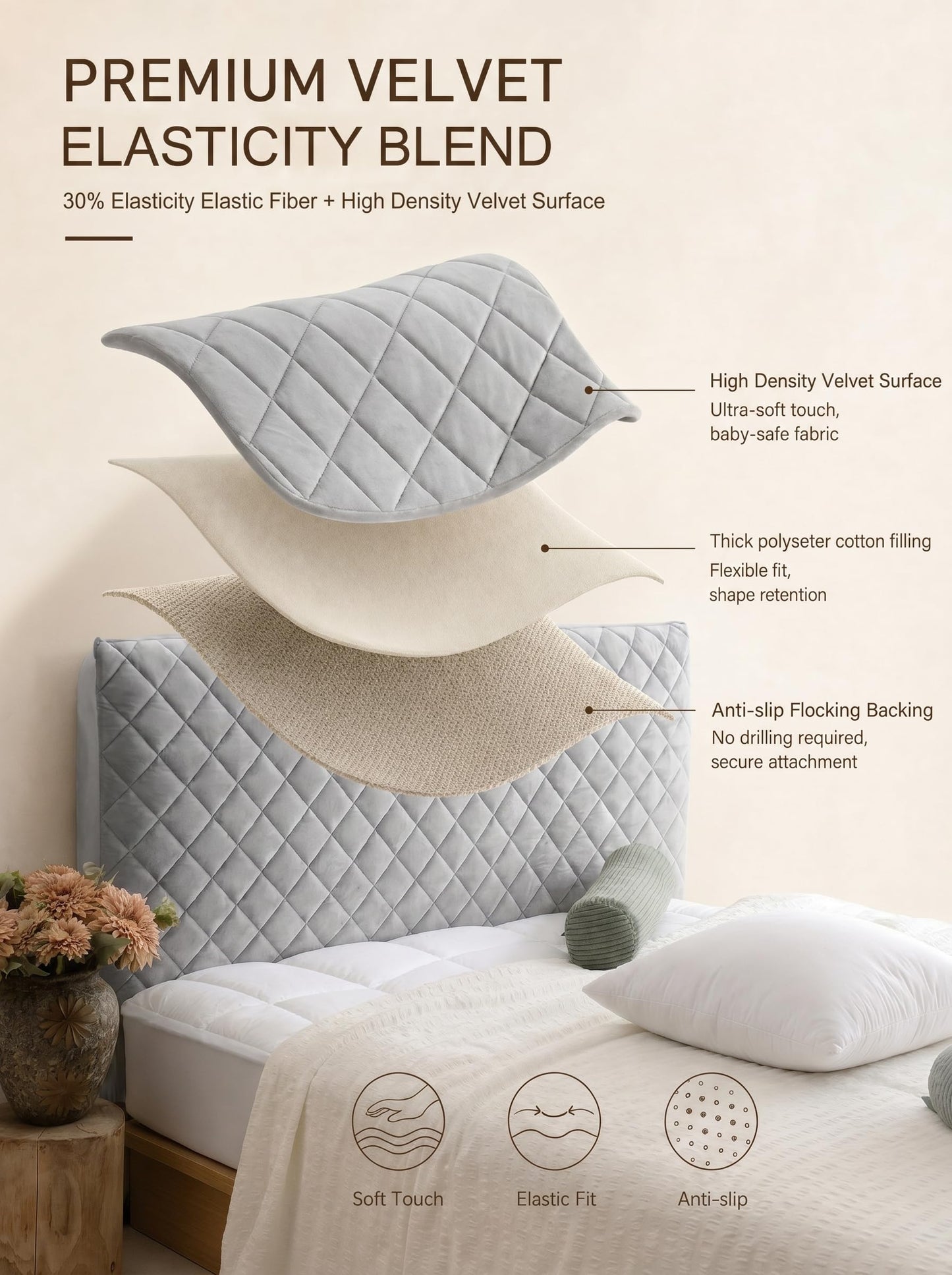 Bed Headboard Slipcover Quilted Thicken Protector Light grey,120x70cm