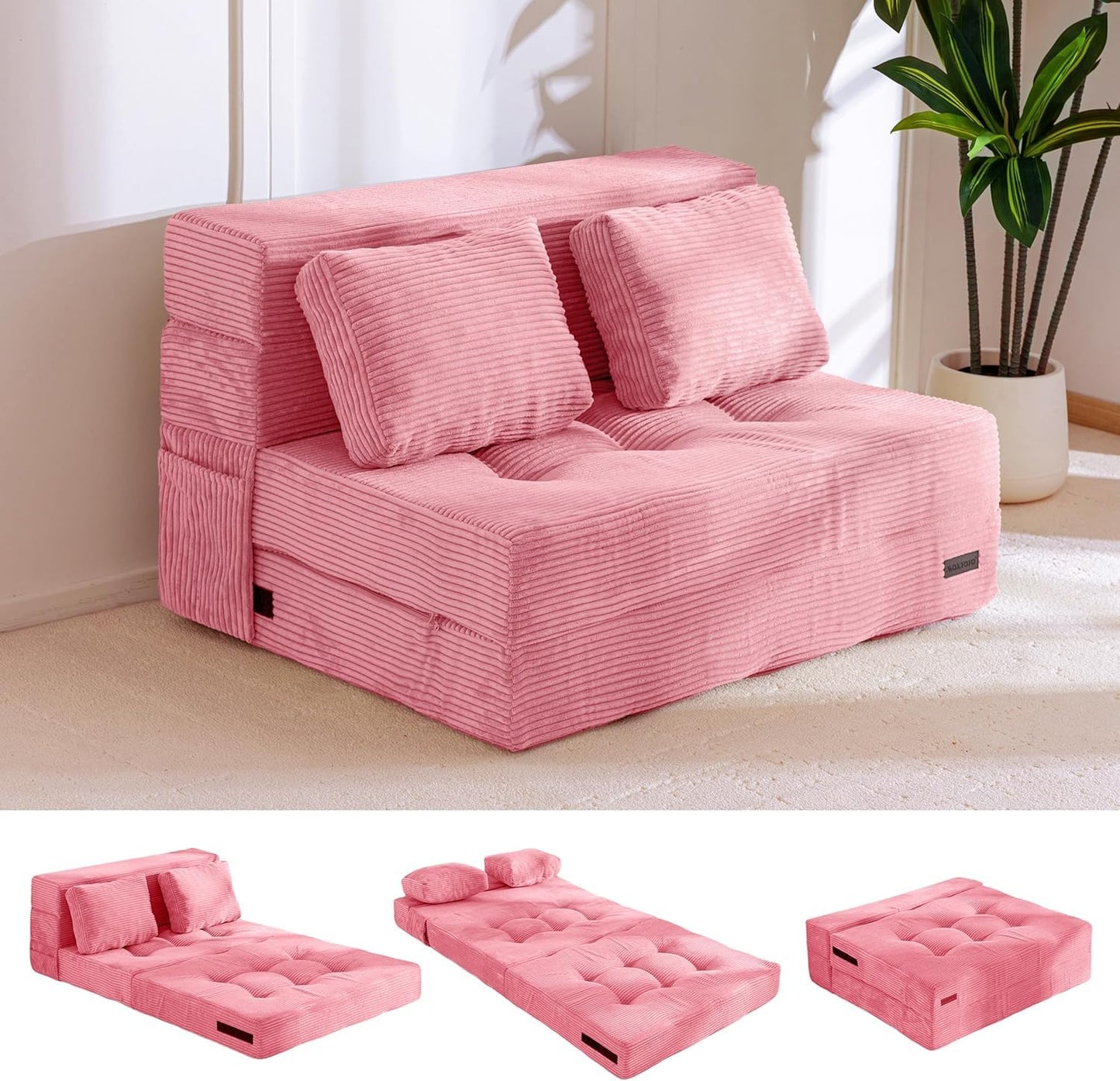 MAXYOYO Folding Foam Sofa Bed, Tri-Fold Mattress with 2 Pillows, Convertible Sofa Chair Futon Z Bed with 15cm Thincken Foam