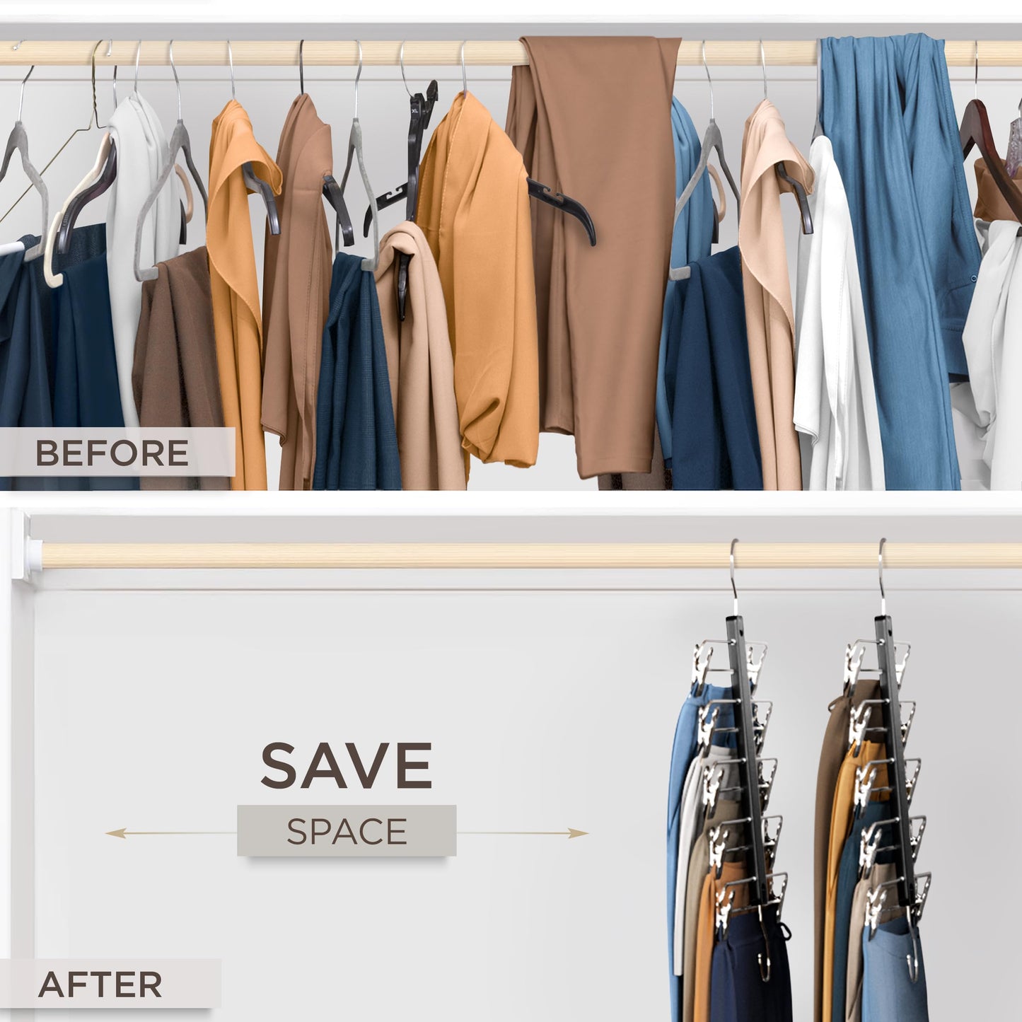 MORALVE Skirt Hangers Space Saving with Clips - 2 Pack - European Beechwood 5-Tier Hanger for Shorts, Skirts, and Trousers