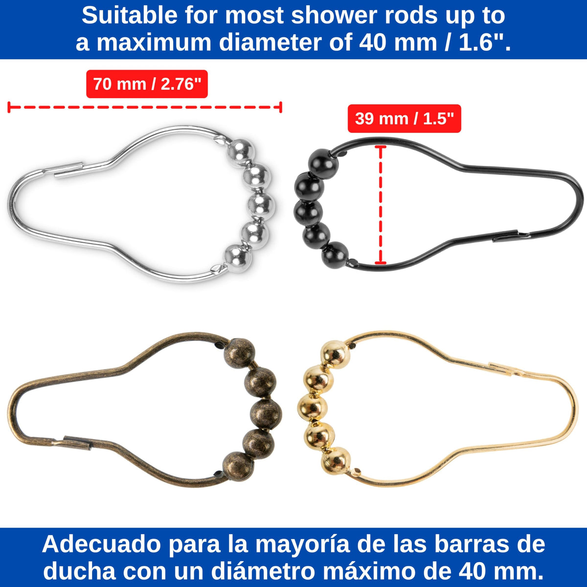 Shower Curtain Rings, 24 Pack, in Bronze-Colour, Inner Diameter 2.7 x 1.5", for Shower Curtain Rods, sturdy metal shower rings, with Rolls to slide
