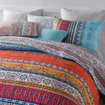WONGS BEDDING King Size Reversible Bohemian Bedspread with 2 Pillowcases Boho Striped Bedspread Coverlet for All Season Soft Microfiber Quilt