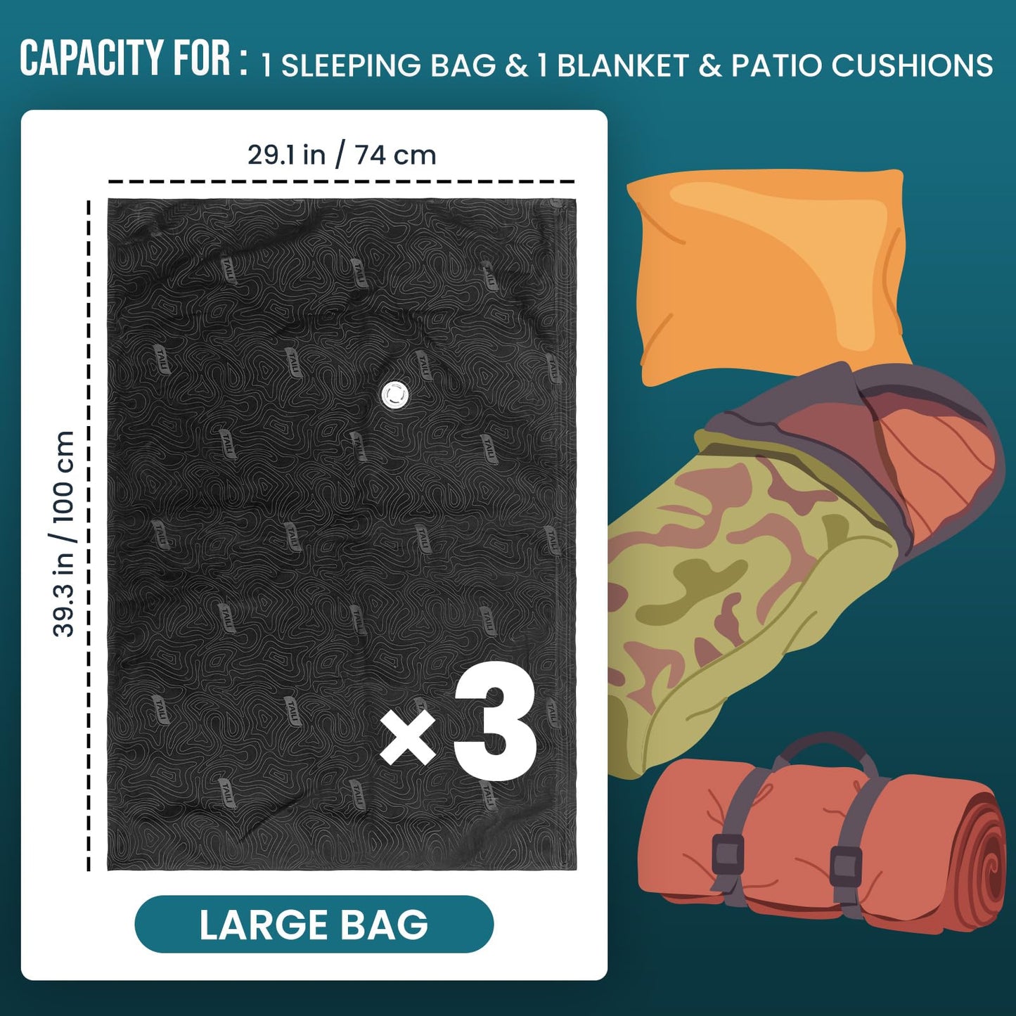 TAILI Vacuum Storage Bags Outdoor 3 Pack, Jumbo 100 x 74 CM, Tear-Proof
