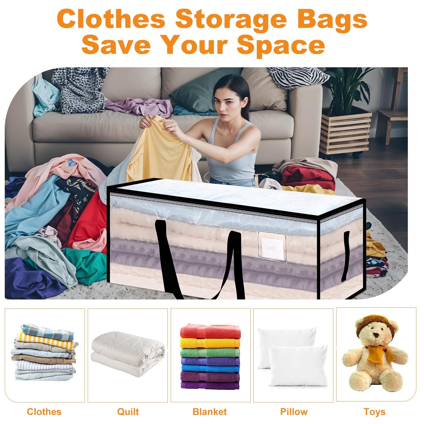 Yafe 3 Pack Large Clothes Storage Boxes with Lids, 120L Moving Bags