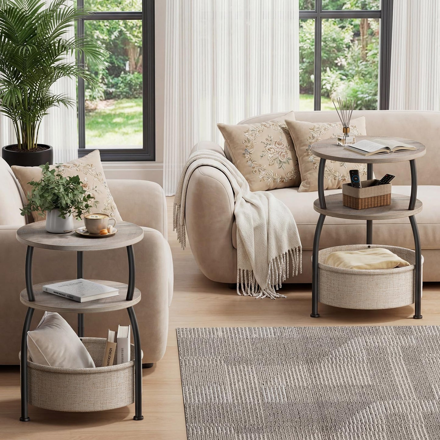 Yuede Side Table with Fabric Basket, Round End Table, 3 Tier Bedside Table, Coffee Table for Living Room, Bed Room, Modern, 40 x 61 cm, Gray