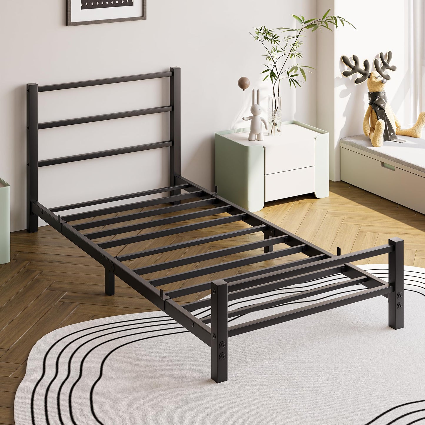 HAHRIR 16cm Low Profile 3ft Single Bed Frame with Metal Headboard, Black