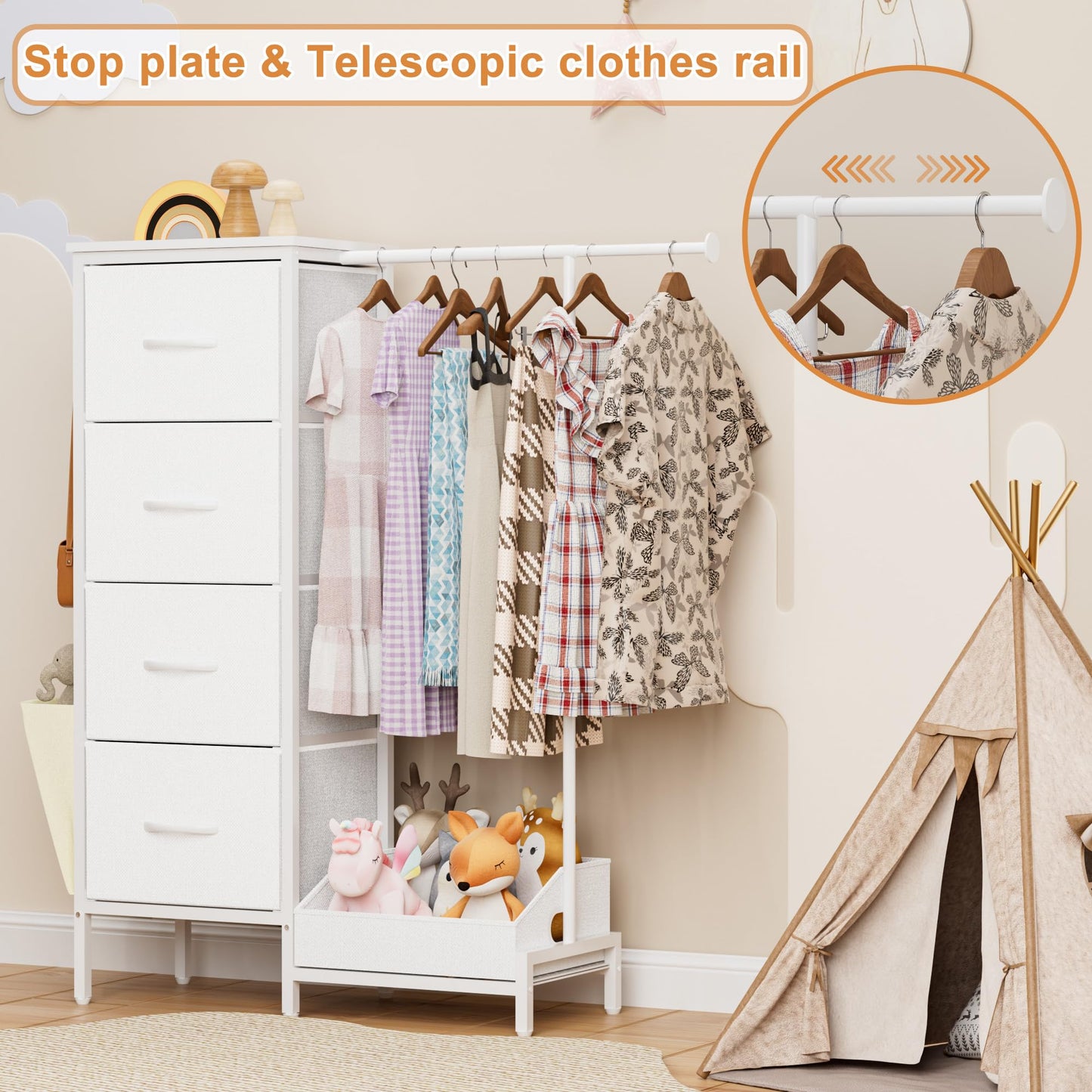 Chest of Drawers with Retractable Hanging Rail and 4 Fabric Drawers