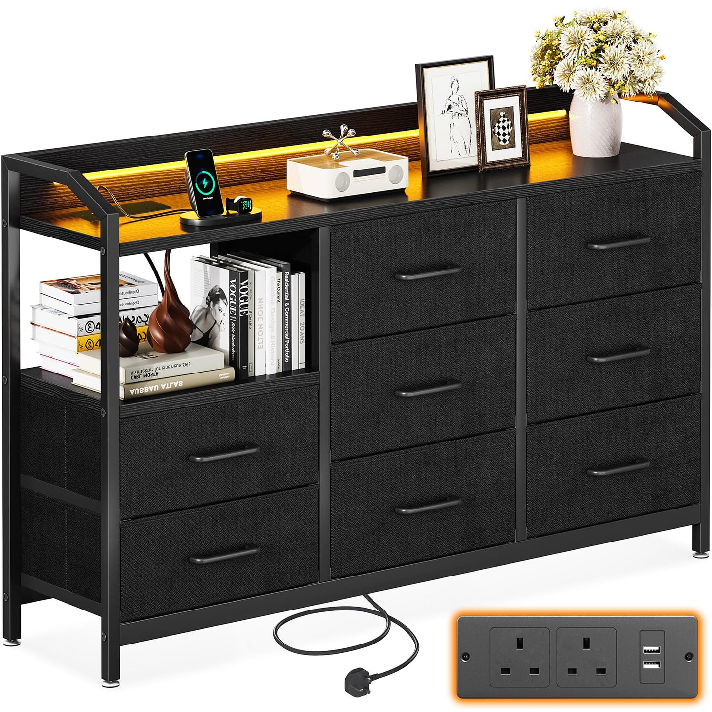 ODK Black Chest of Drawers Bedroom, 8 Large Fabric Drawers, 110x30x88