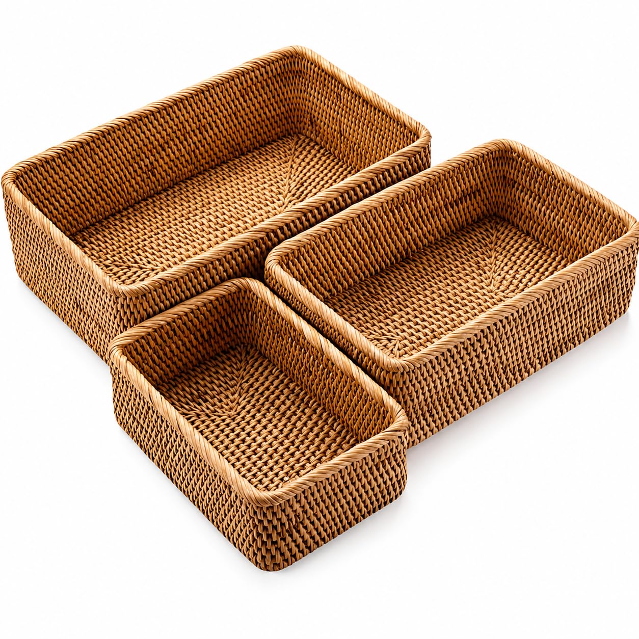 Wicker Storage Basket, Rectangular Rattan Fruit Baskets, Natural Woven Serving Basket and Organizer for Shelf (Set of 3)