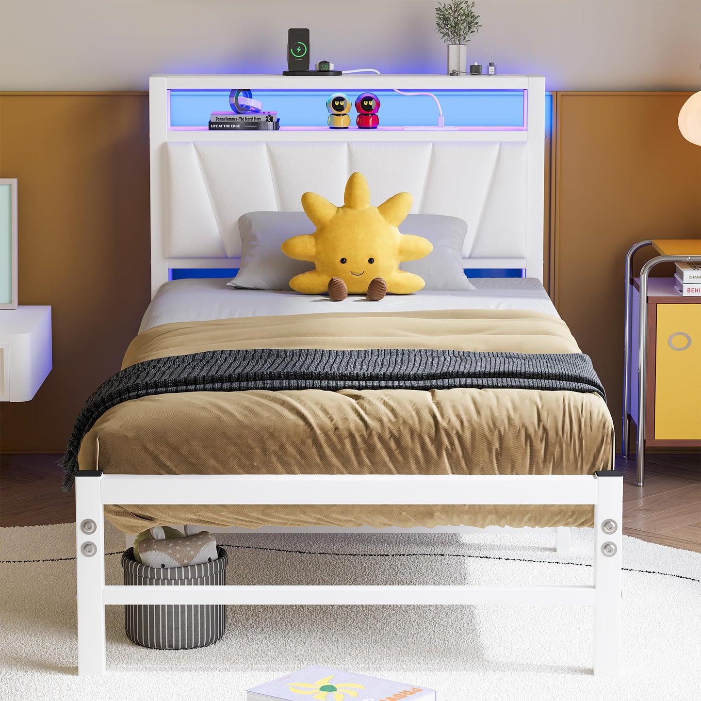 BORPHOM White Single Bed Frames with Storage Upholstered Headboard Shelf,Heavy Duty Metal Single Bed with LED Lights and Charging Station,Strong