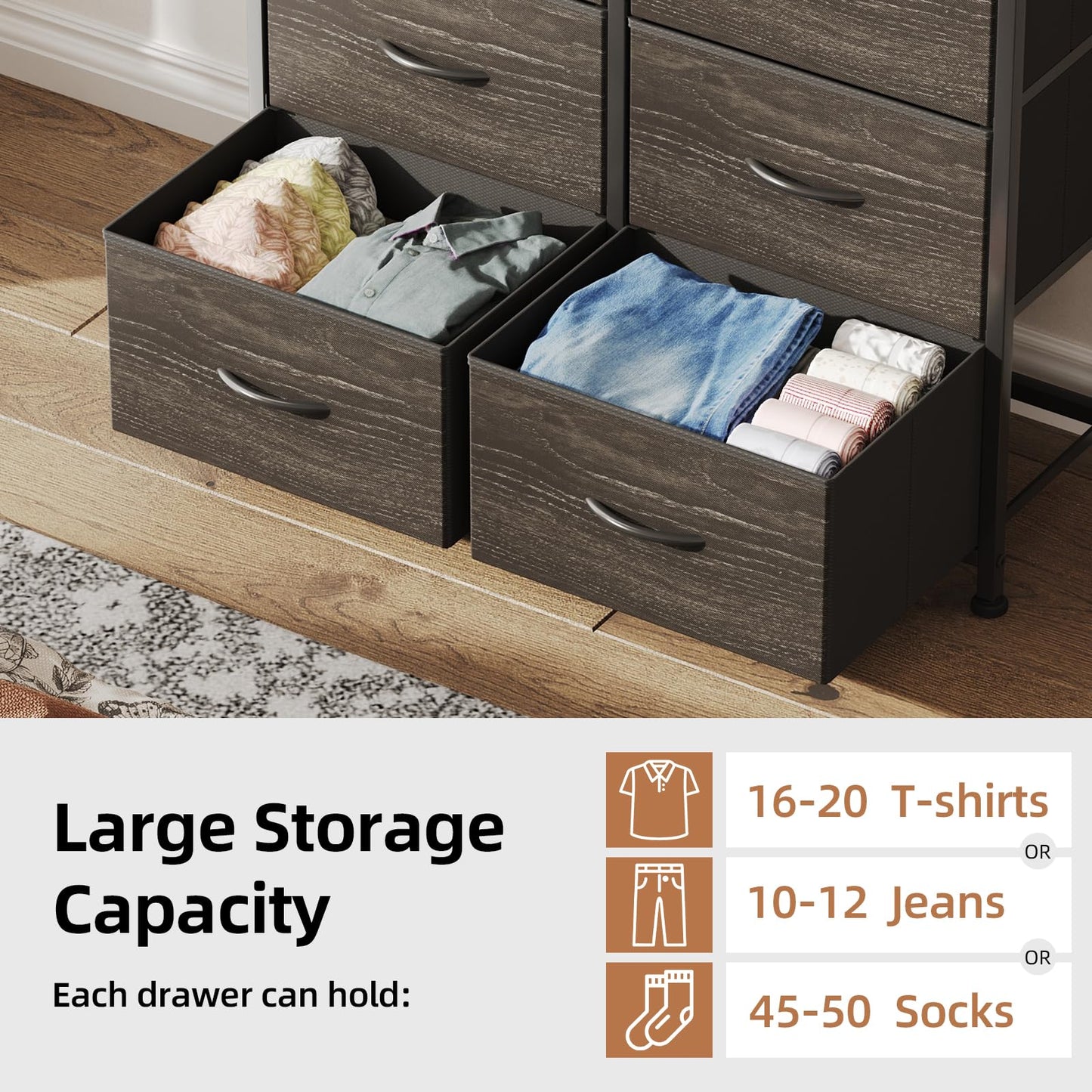 MUTUN 8 Drawers Chest of Drawers, Fabric Storage Dresser Vertical with Spacious Wooden Tabletop & Sturdy Metal Frame Large Storage Space for Bedroom