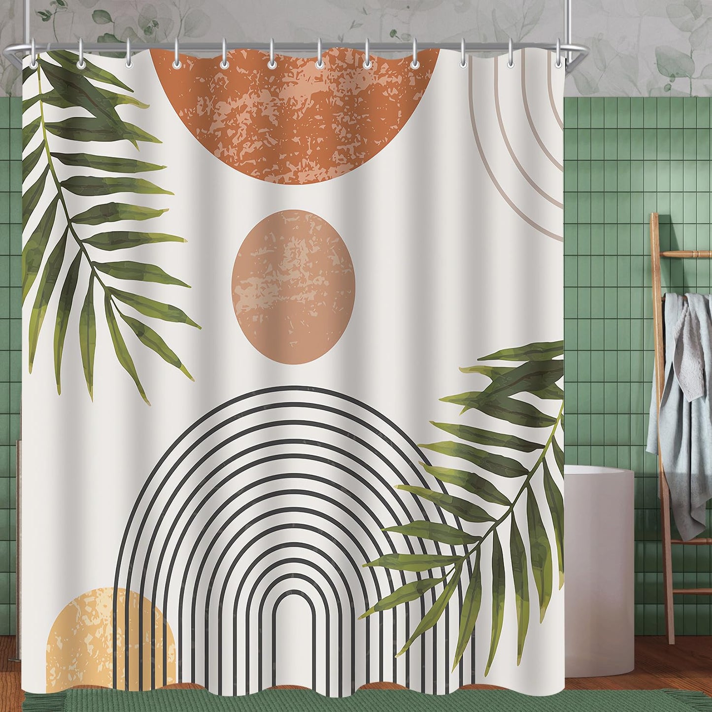 Lerores Shower Curtain 180 x 180 cm Leaves Line, Weighted Hem, Anti-Mould Textile, Water-Repellent