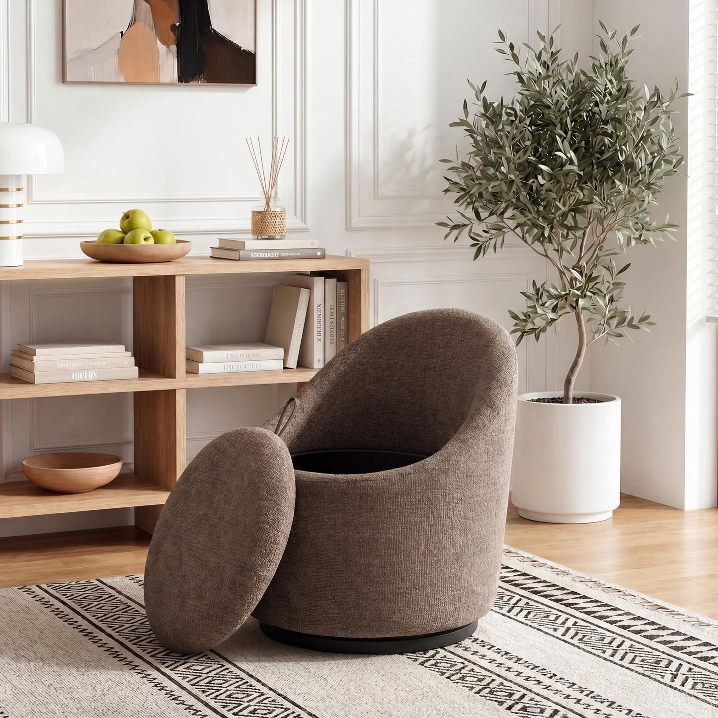 Barrel Swivel Accent Chair with Hidden Storage, 360° Rotating Lounge Chair, Upholstered Breathable Fabric, High Density Foam Seat