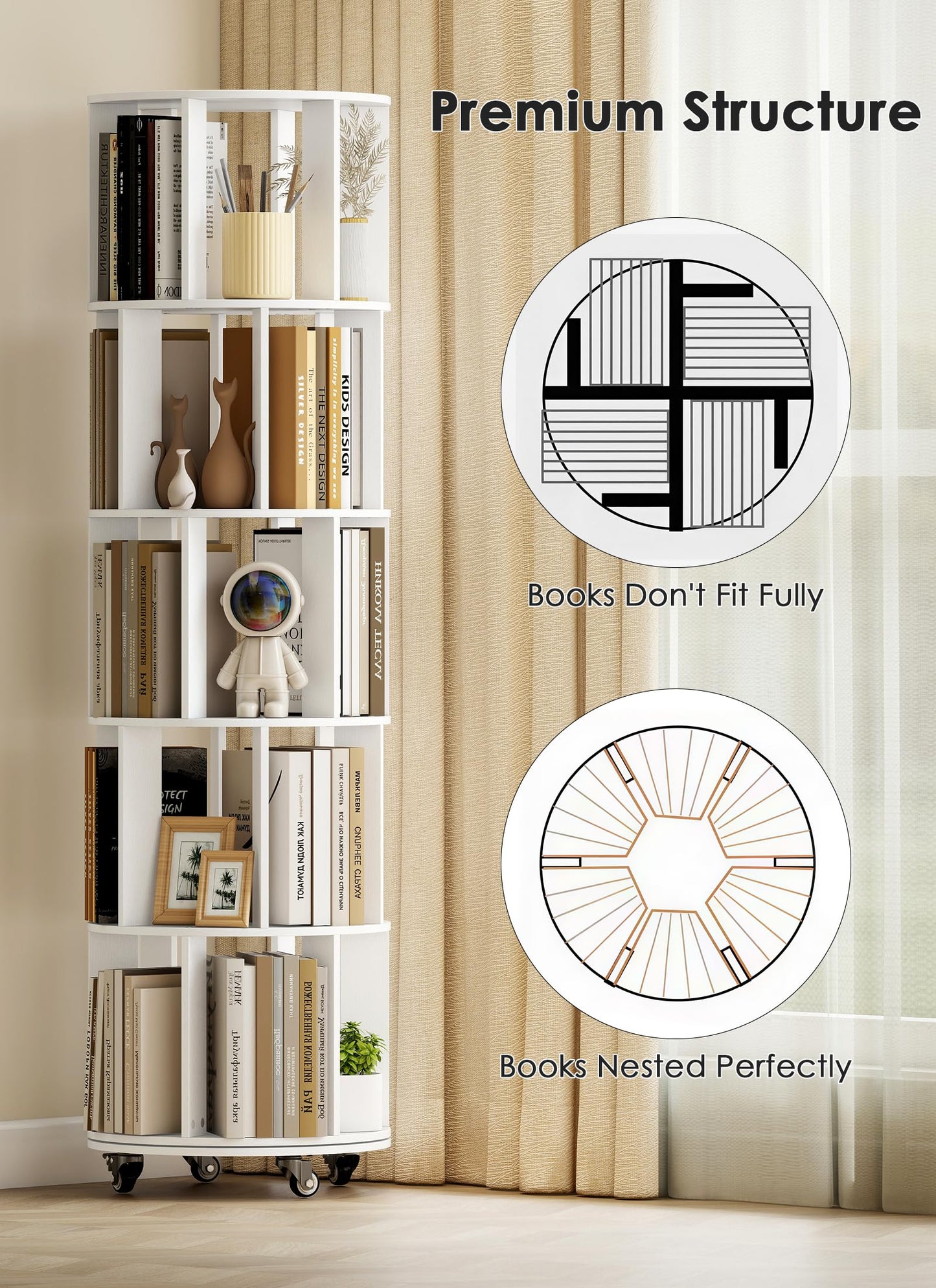 yeshine White Rotating Bookshelf Kids 5-Tier Spinning Bookcase