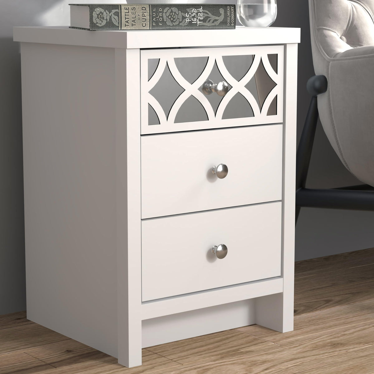 GFW Arianna 3 Drawer Bedside Table, White Bedroom Cabinet with Recessed Handles, Modern Nightstand Storage Unit