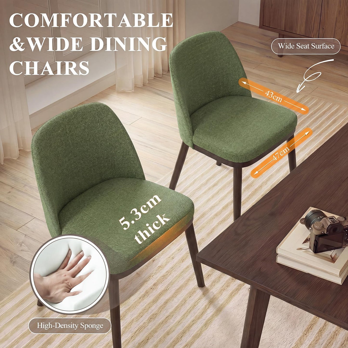 MALOL Thick Wood-base Dining Chairs Set of 2, Upholstered Kitchen Chairs with Solid Wood Legs and Thick Seat Cushion