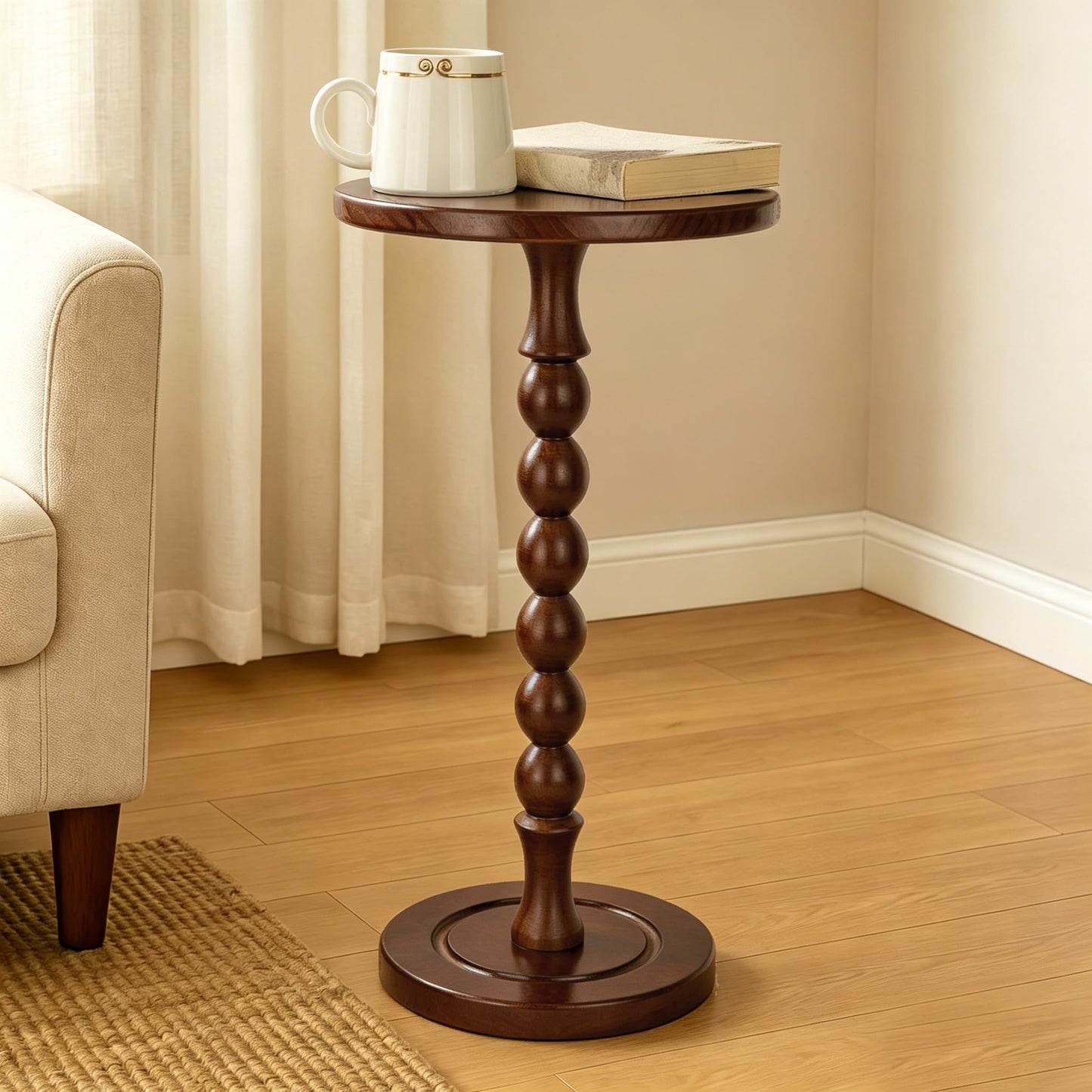 Lampaggio Round Side Table for Small Spaces, Drink Table with Oak Wood Pedestal, Modern End Table Nightstand for Living Room, Bedroom, Office