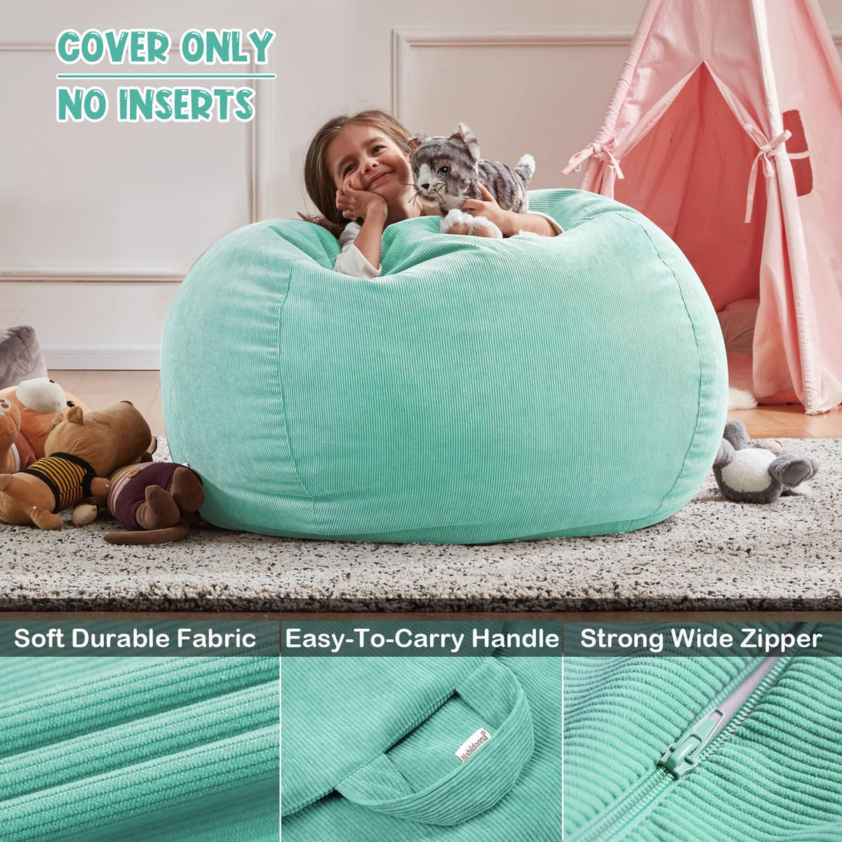 Nobildonna 3 ft Bean Bag Chair Cover No Filler for Adults and Kids 300L Extra Large Stuffed Animal Storage Bean Bag Washable Soft Premium Corduroy