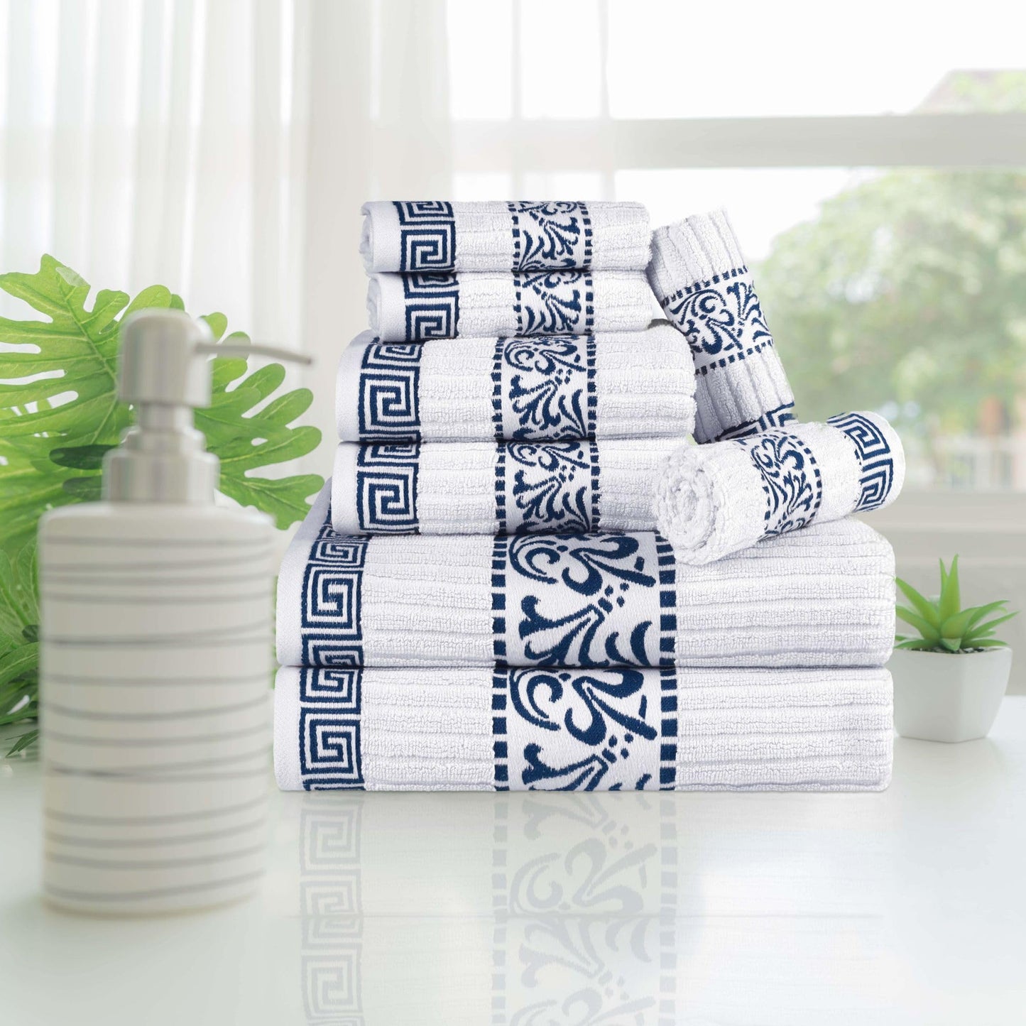 Superior 8 Piece Cotton Towel Set, Highly-Absorbent Plush Decorative Bohemian, Greek Key Trim Jacquard Dobby Border, Face Towels 13” x 13”