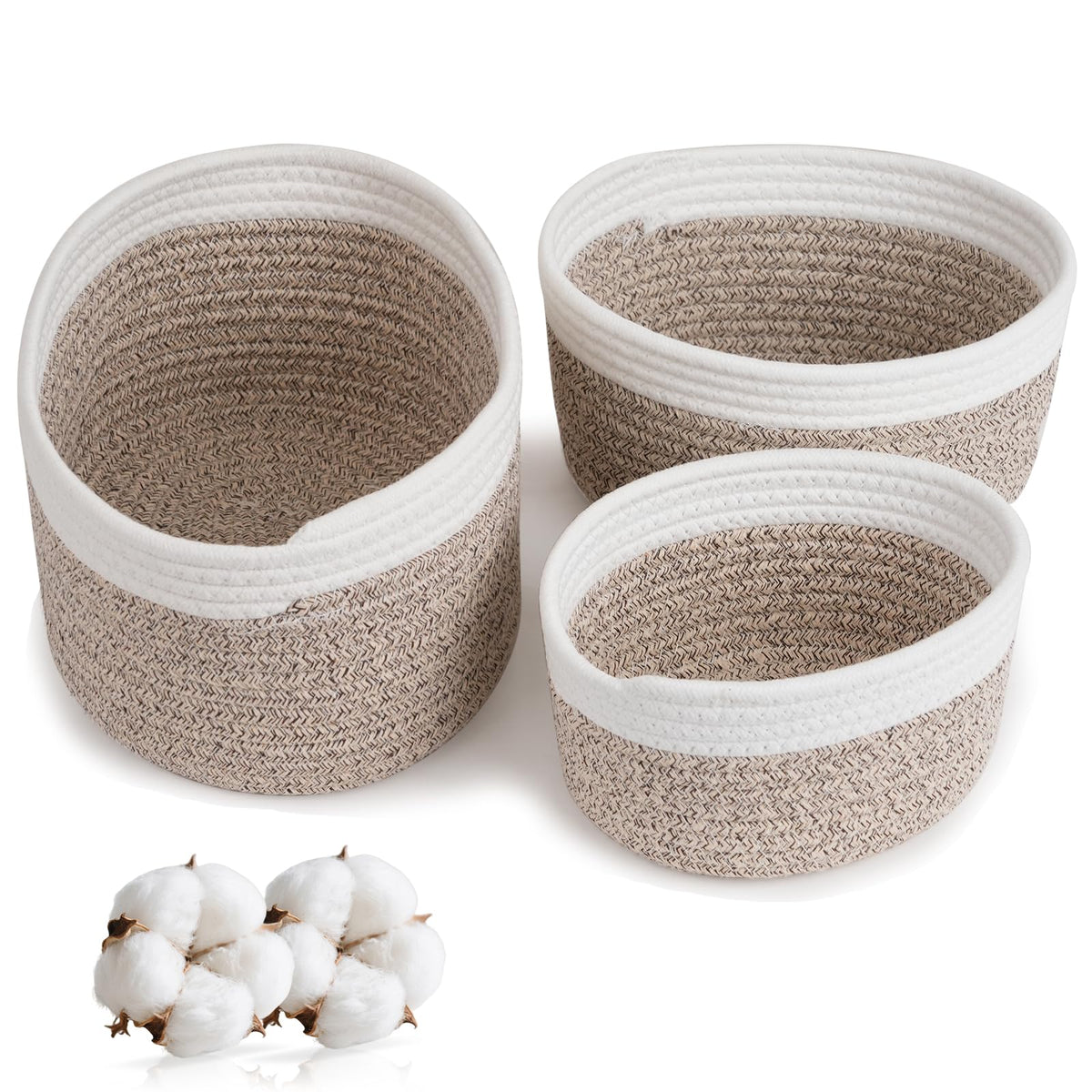 Purecas Braided Cotton Rope Storage Baskets 3-Piece Set Stackable Organiser Baskets for Nursery Changing Table Living Room & BathroomBrown 3 Size