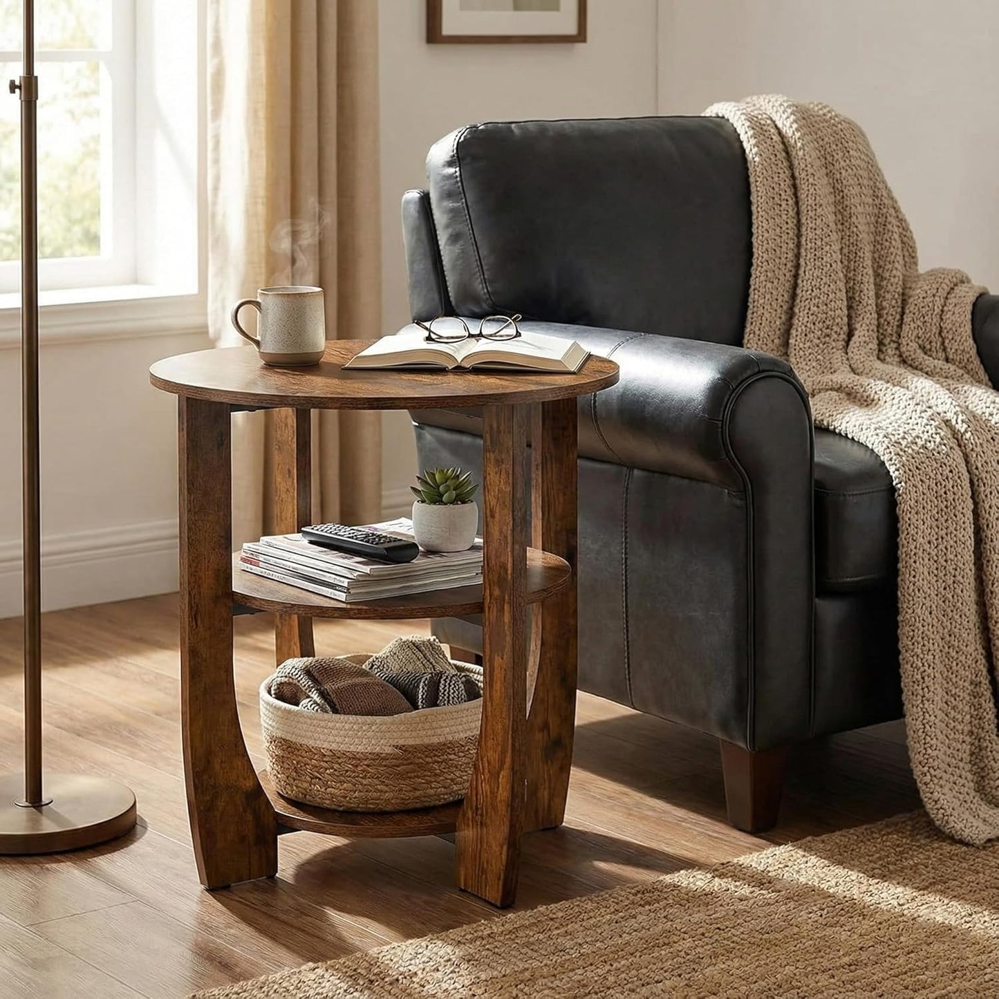 ZEXVIDA 3 Tier Round Side Table, Farmhouse Wood End Tables with Storage, Country Accent Small Sofa Bedside Table Coffee Table for Living Room Bedroom