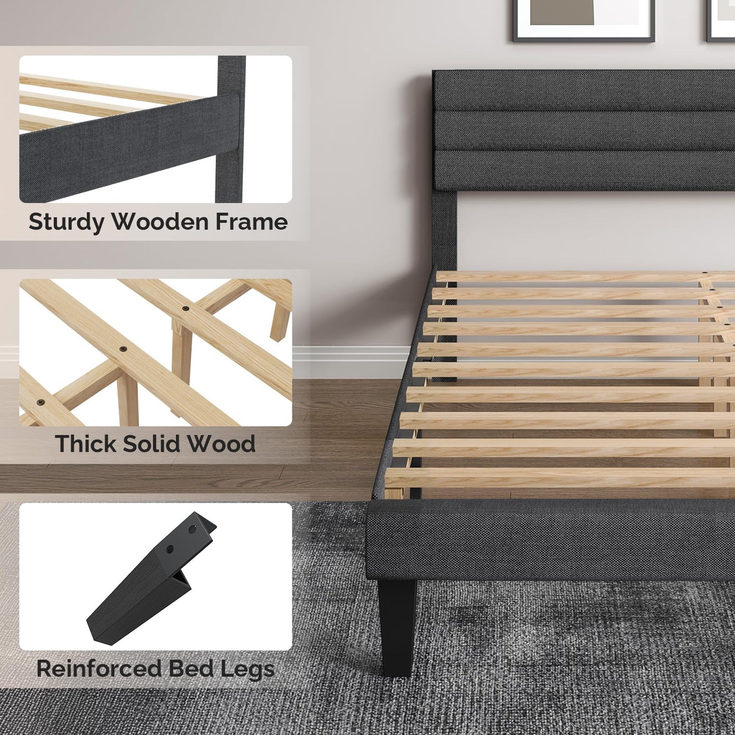 Bonnlo 5ft King Bed Frame, Noise-Free Upholstered Platform Bed with Adjustable Headboard & Under Bed Storage