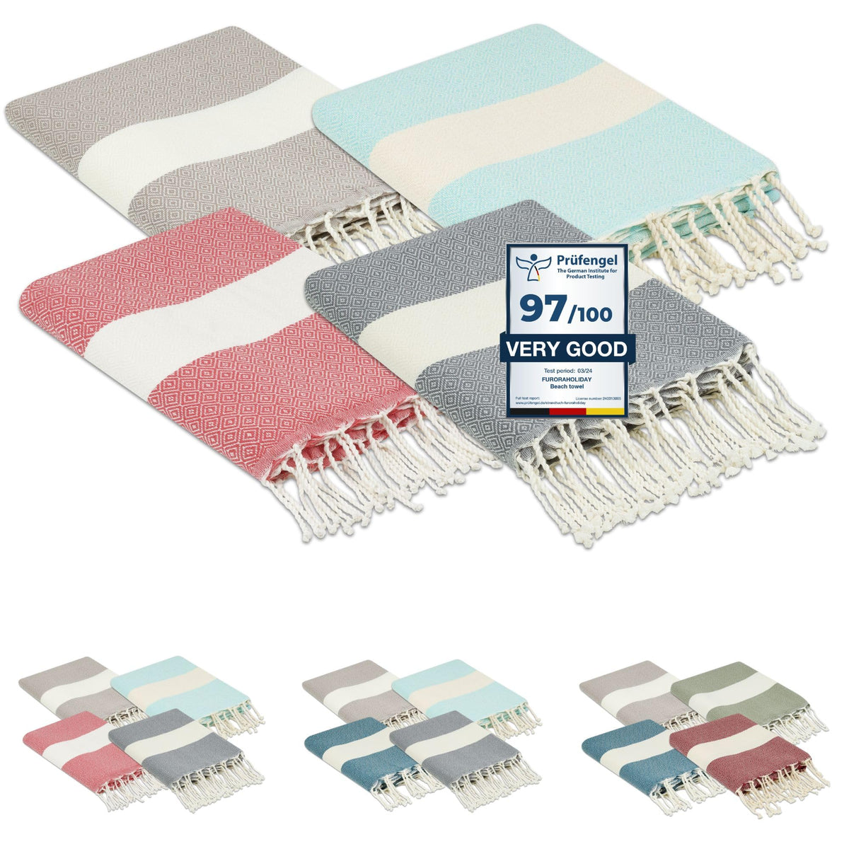 Flora Furora Beach Towel Large 100 x 200 cm: Cotton Set of 4, Light, Long, Thin, Compact, Premium Quality, Hammam Towel, Sauna Towel