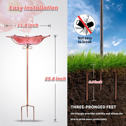 MUMTOP Bird Baths for Outdoors Glass Bird Bath Bowl Outdoor Bird Feeder Flower Pattern with Metal Stake for Garden, Yard and Lawn Decor Red