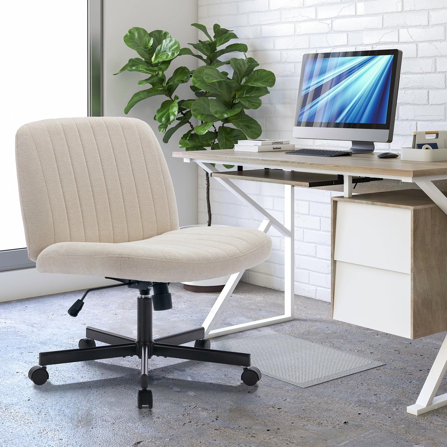 COLAMY Wide Office Chair, Padded Armless Task Vanity Chair Swivel Home Office 115°Rocking Mid Back Ergonomic Computer Chair for Home Working, Make Up
