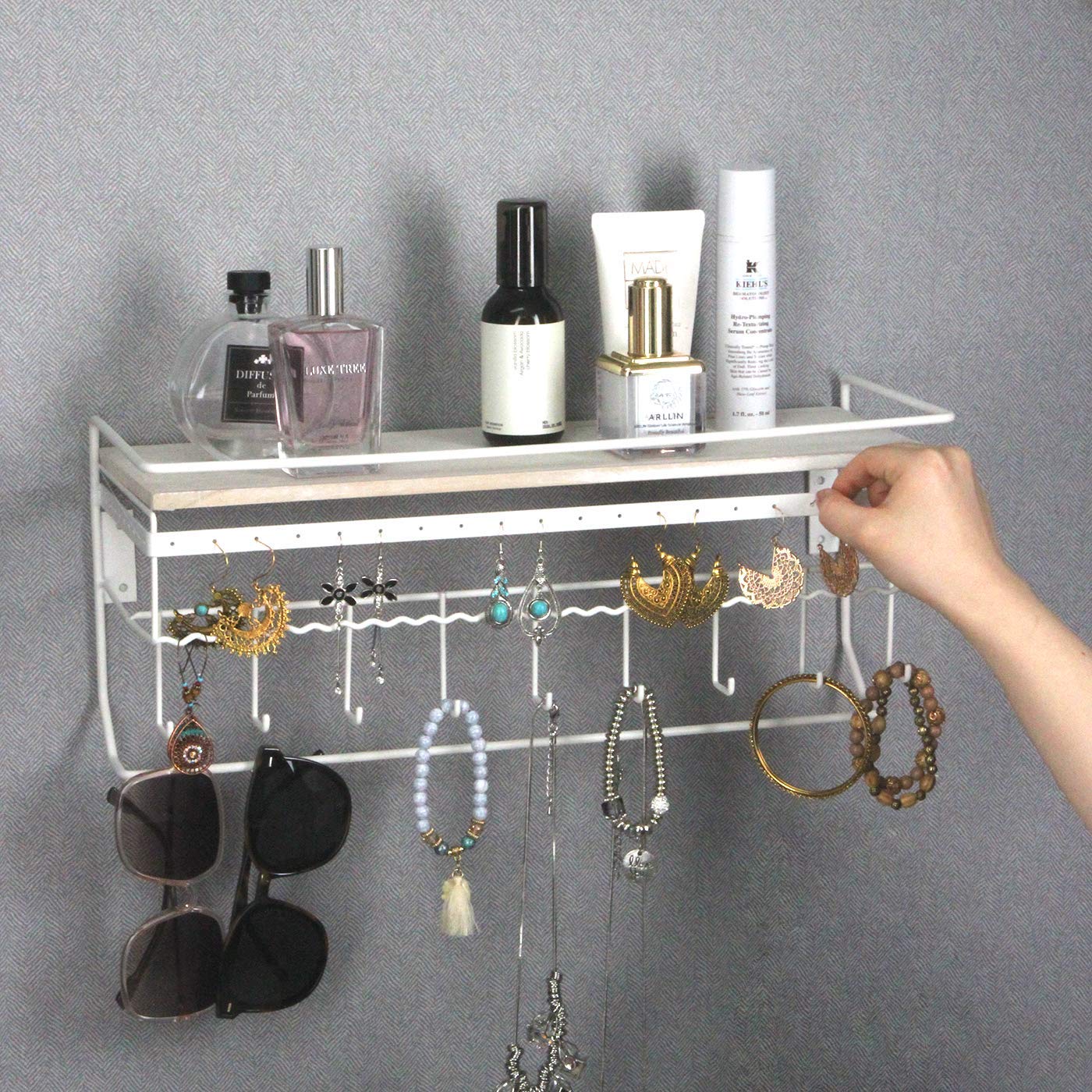 J JACKCUBE DESIGN JackCubeDesign Hanging Jewelry Organizer with 9 Hooks, Wall Mount Necklace Earring Bracelet Sunglass Holder with Wood Shelf