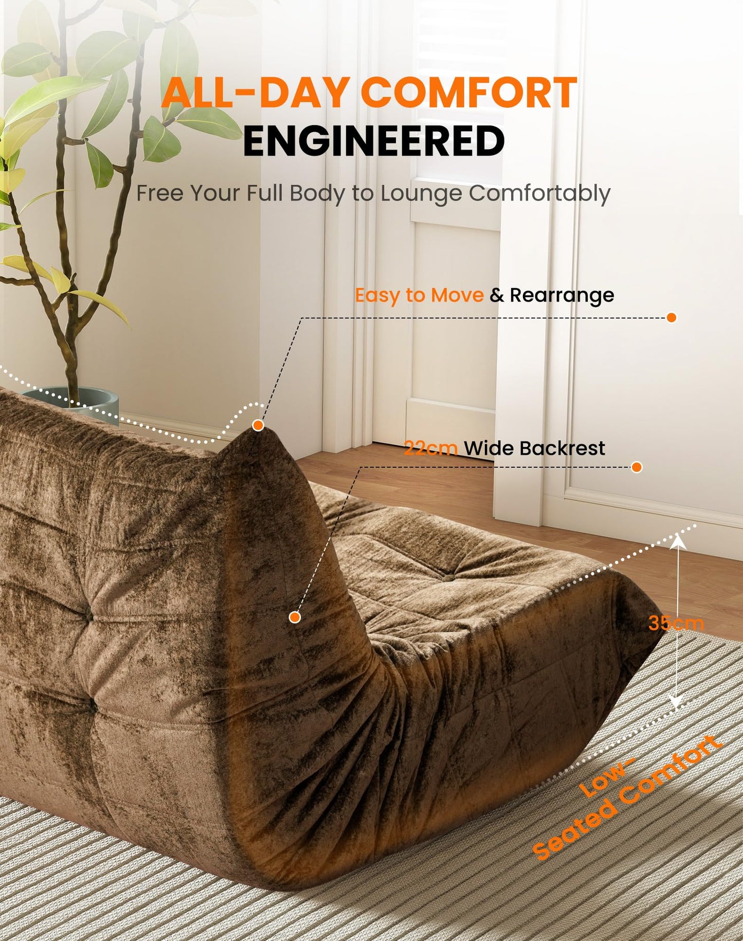 Boneless Floor Sofa - No Assembly Required Couch in a Box, Armless Small Accent Chair in Soft Shiny Fleece,Bean Bag Chair for Living Room, Bedroom