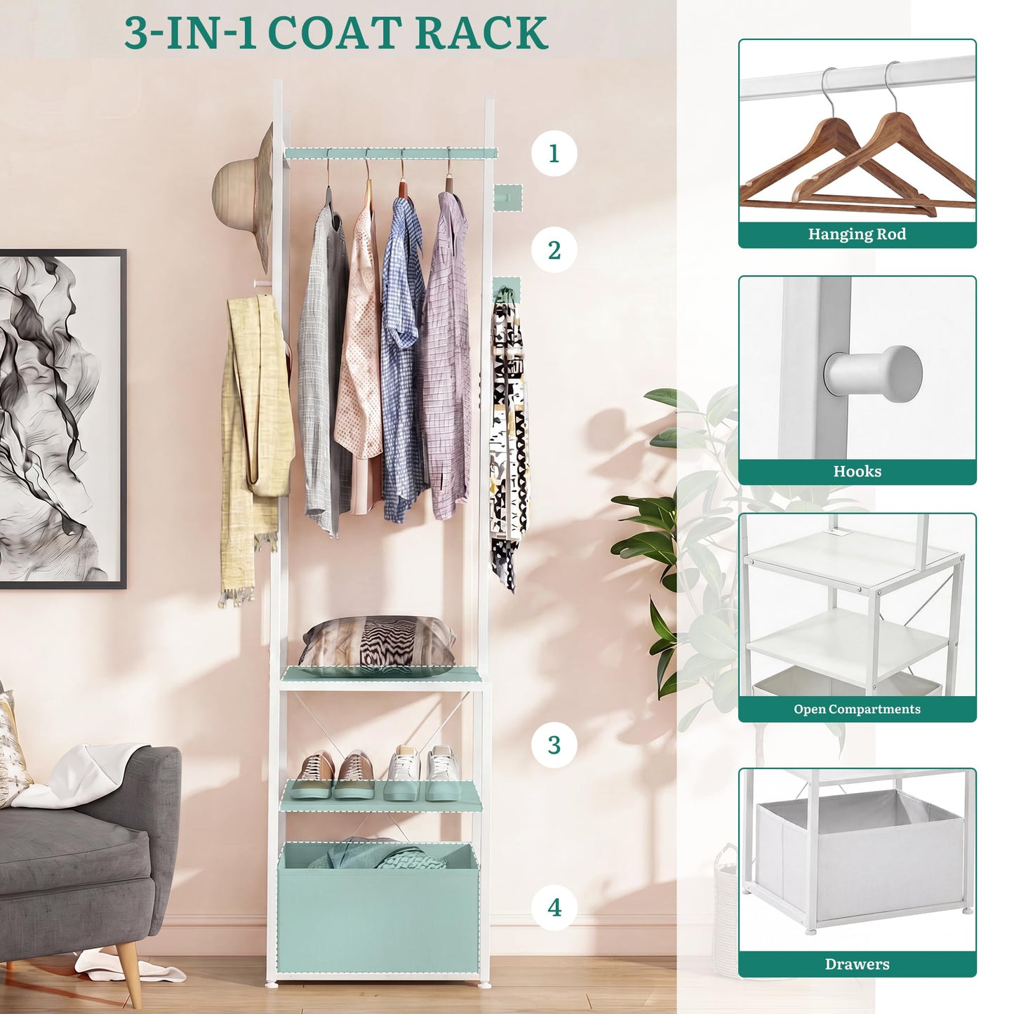 YITAHOME Coat Stand, Clothes Rack Hall Tree with Shelves & Hooks, White