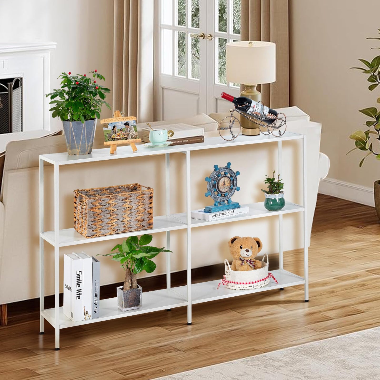 HDANI 120cm Metal Console Table with 3 Tier Strage Shelves,Narrow Entryway Table,Modern Sofa Tables for Entryway, Living Room,Bedroom,White
