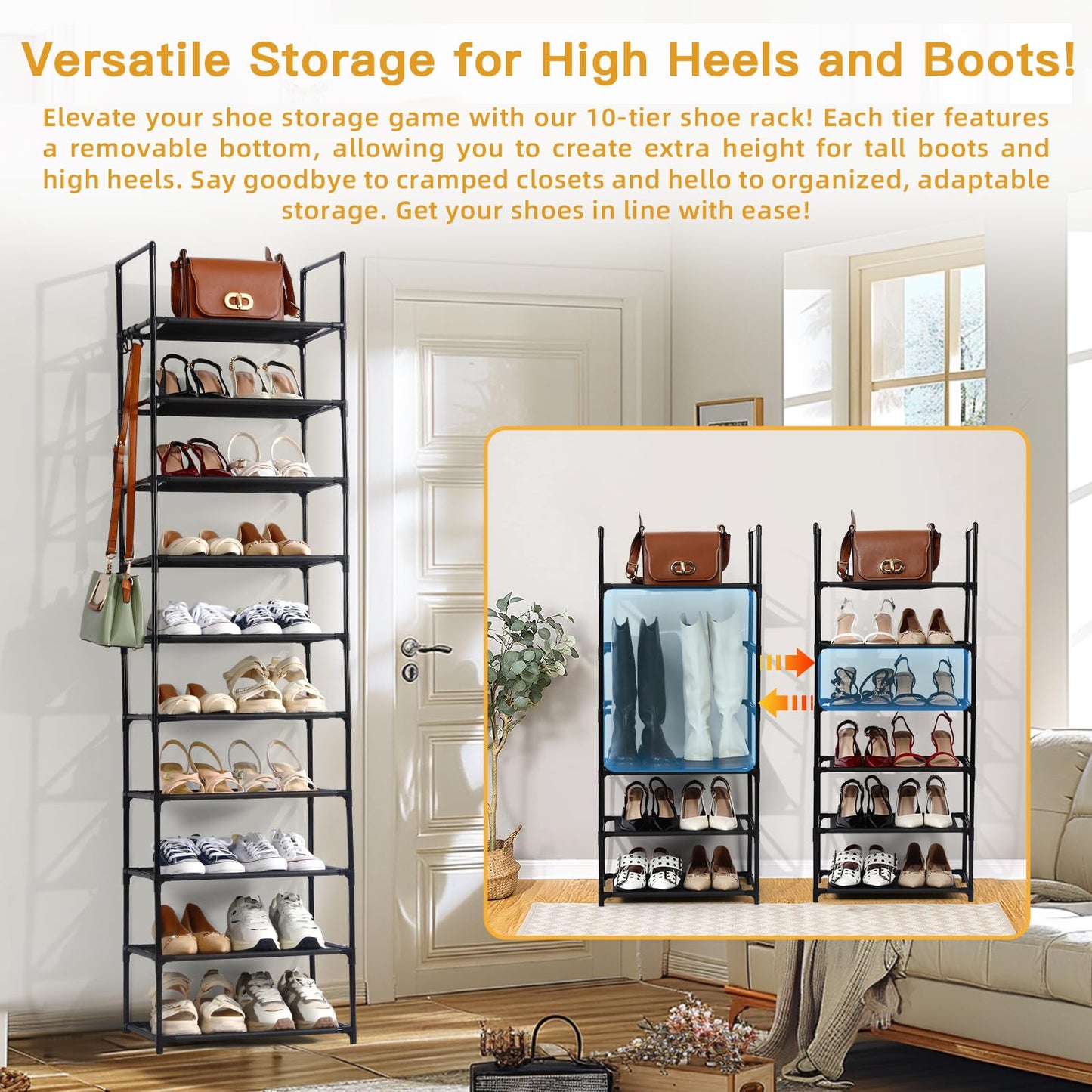 Shoe Rack, 10-Tier Tall Shoe Storage Organiser with Hooks, Holds 20 Pairs