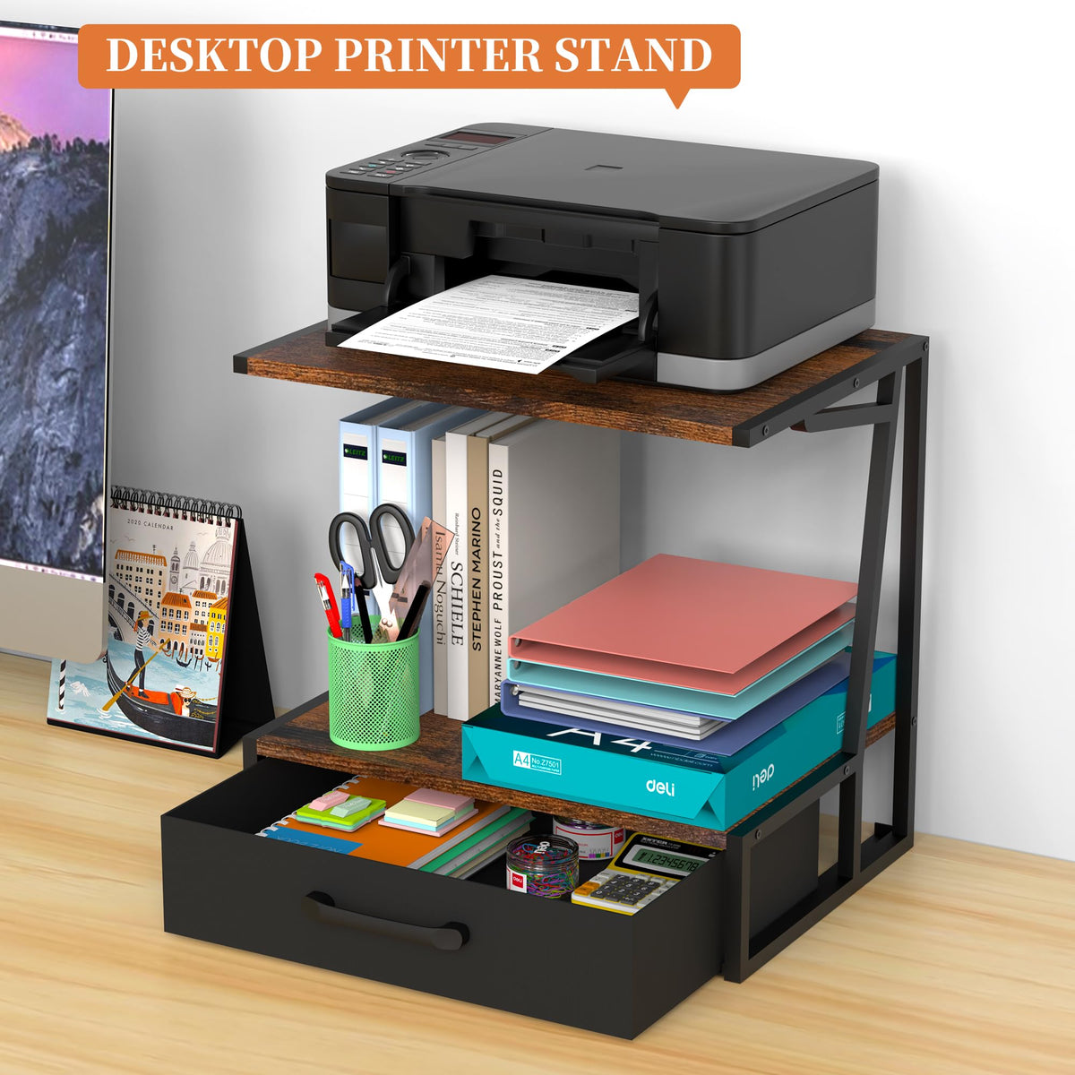 Alyoen Printer Stand for Desk with Storage Drawer, 2 Tier Desktop or Under Desk Printer Shelf, Large Printer Table Organizer for Home Office