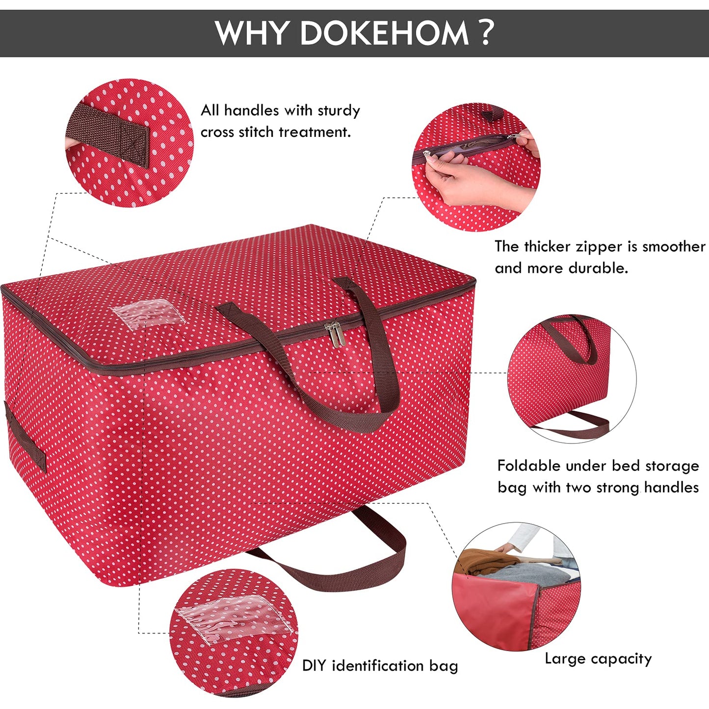 DOKEHOM 3-Pack 105L Large Storage Bag, Underbed Clothes Organizer, Red