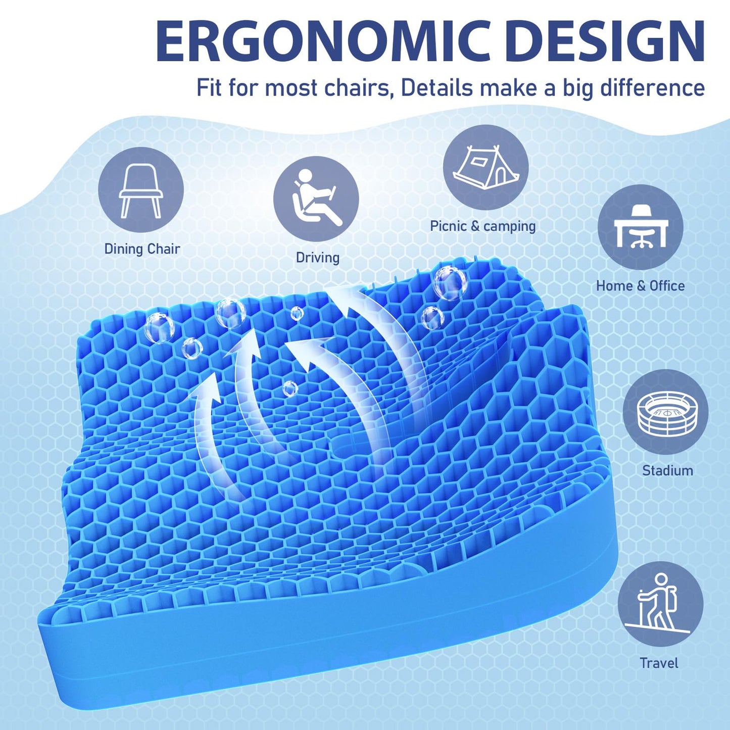 Benazcap Gel Seat Cushion, Soft Sitter Cushion Large Double Thick Gel Cushion, Honeycomb Ergonomic Cushions for Pressure Relief & Coccyx Pain Relief