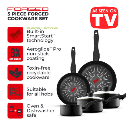 Tower T800304 SmartStart Forged 5 Piece Cookware Set with Easy Clean Aeroglide Non-Stick Coating, 8X Stronger, Oven Safe, Long Lasting, PFOA Free,