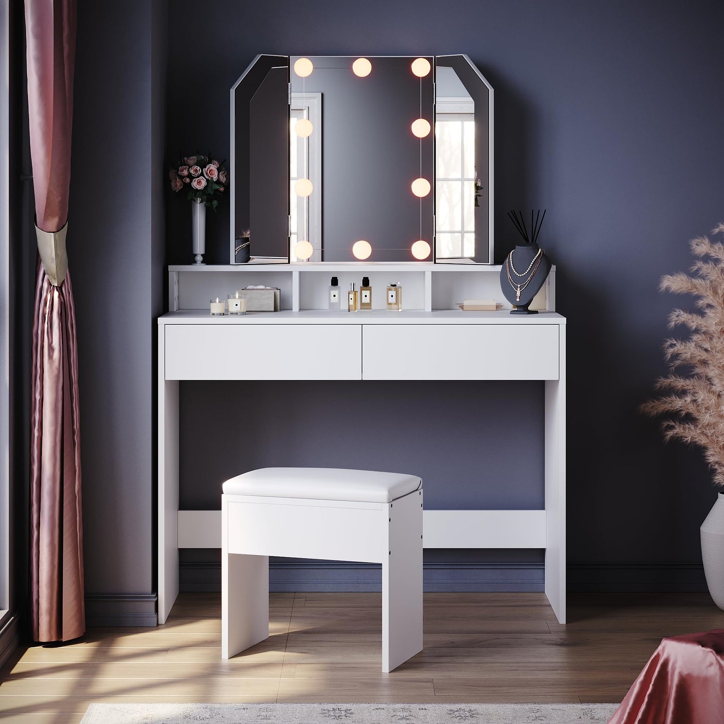 ELEGANT Dressing Table with Tri-Fold Mirror (180°) Makeup Vanity Desk with 2 Drawers and 3 Open Compartments and Hollywood LED Lights