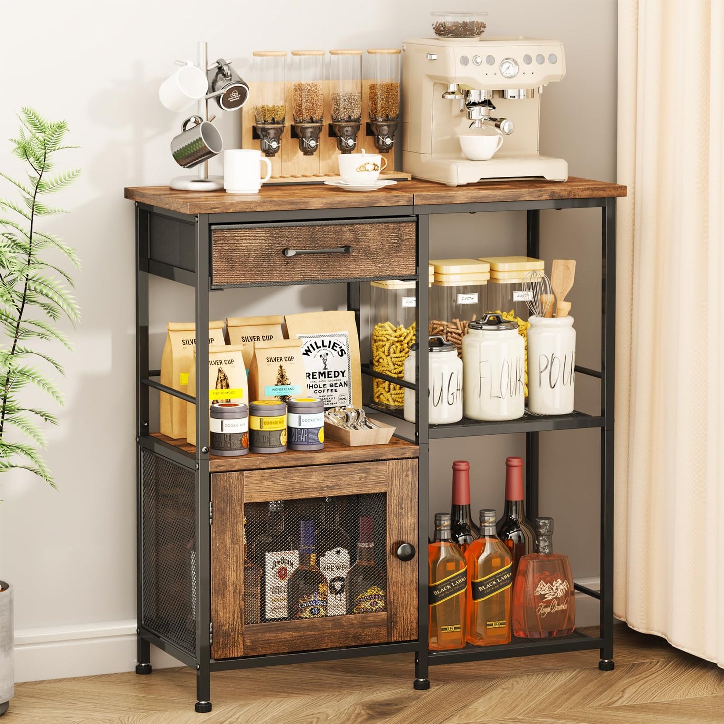SWTYMIKI Farmhouse Coffee Bar Cabinet - Wood Metal Sideboard Buffet Storage