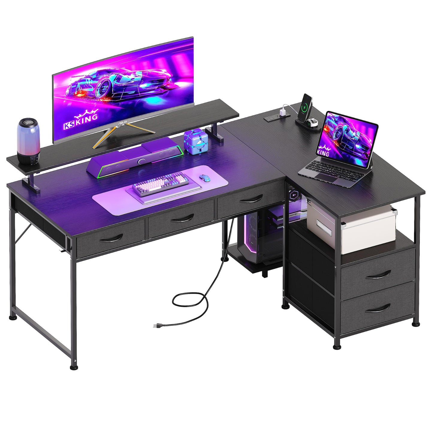 Flrrtenv 140cm Large Gaming Desk with 5 Fabric Drawers, Home Office Work Desk with Power Outlets & Monitor Stand