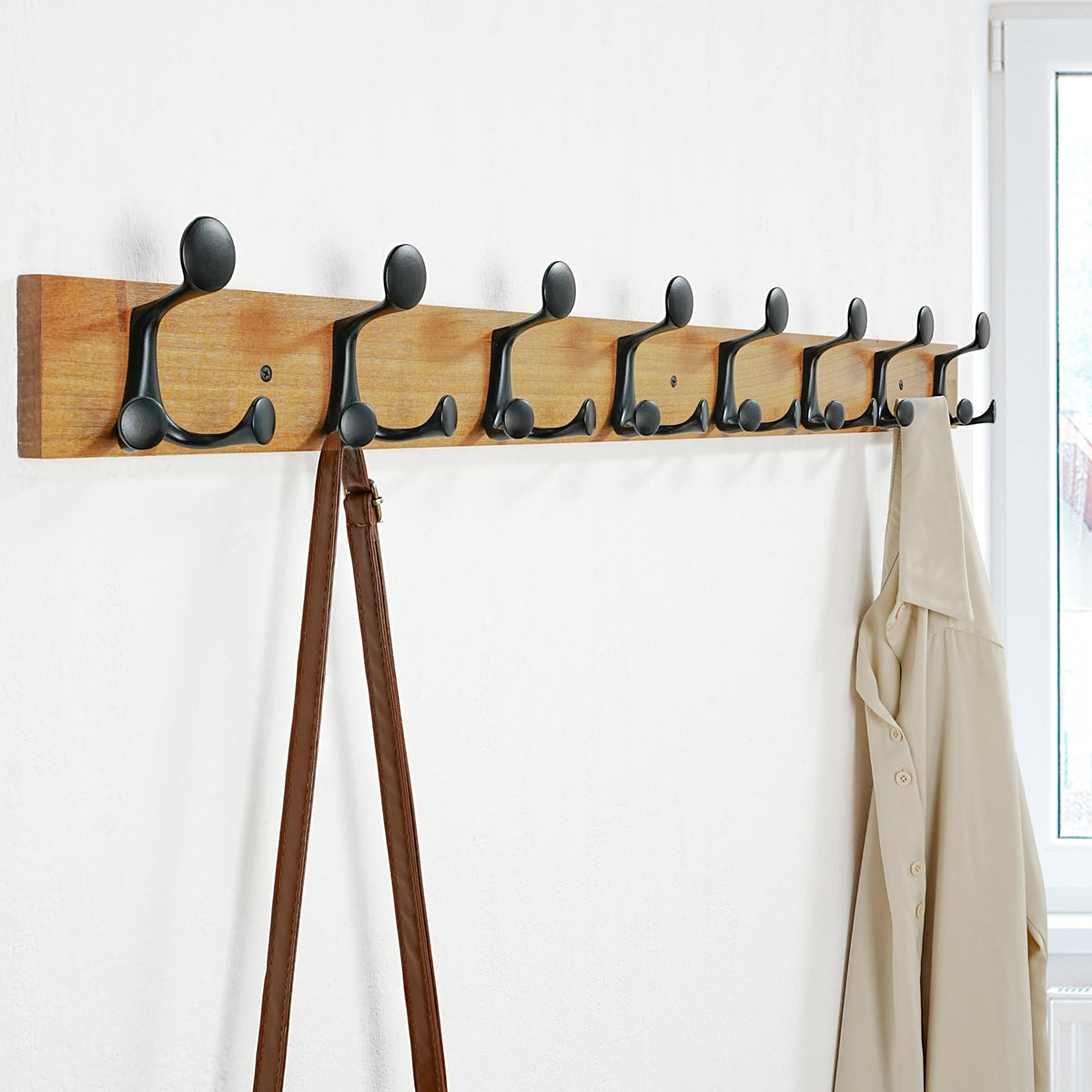 SKOLOO 109 cm Light Brown Wood Coat Rack Wall Mount with 8 Triple Hooks - Ideal for Family Entrances, Classrooms, and Pet Supplies Storage